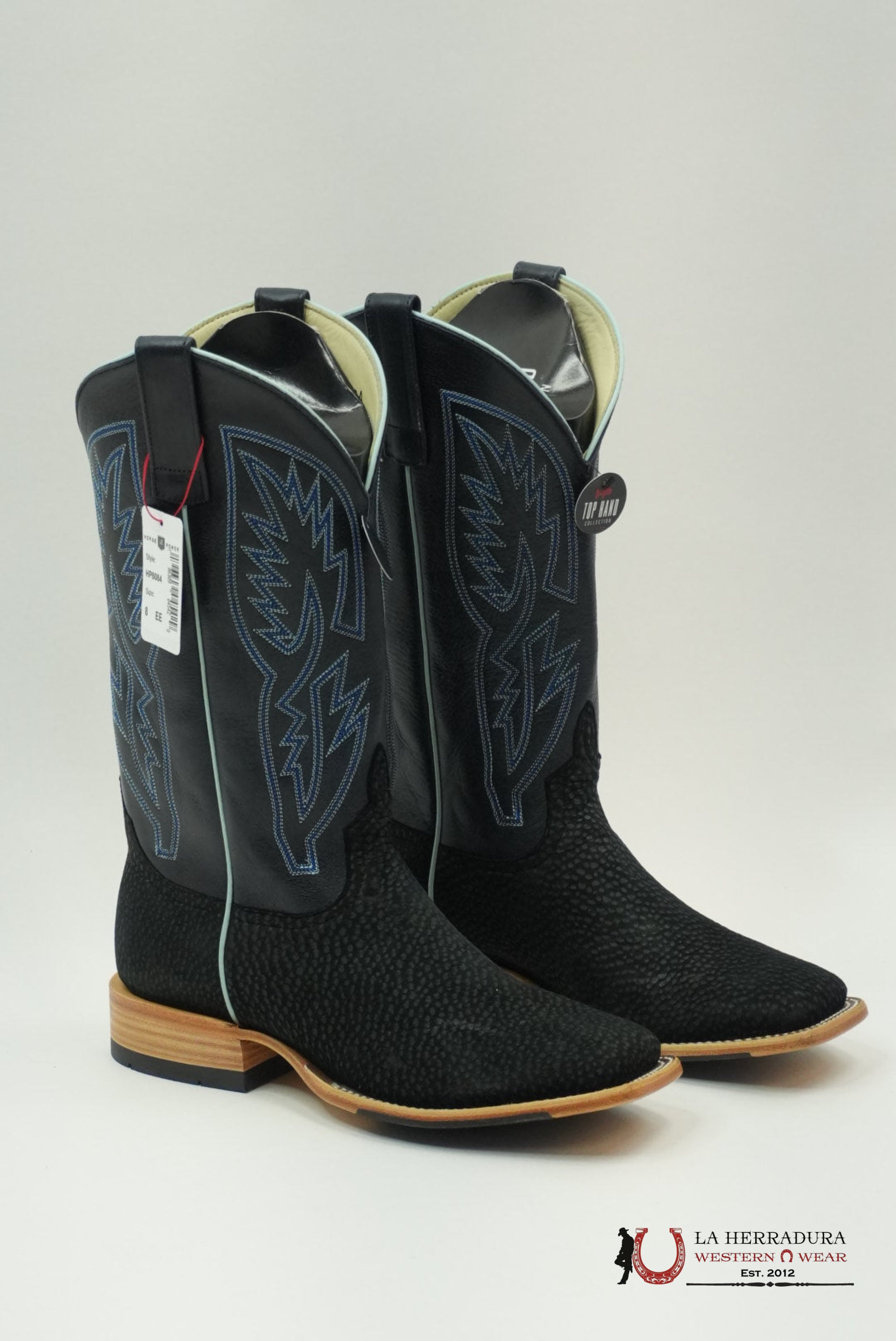 TOP HAND COLLECTION MEN BOOTS BLACK CARPINCHO BLUE TUBE STITCHING SQUARE TOE HP8084 BOTAS HOMBRES