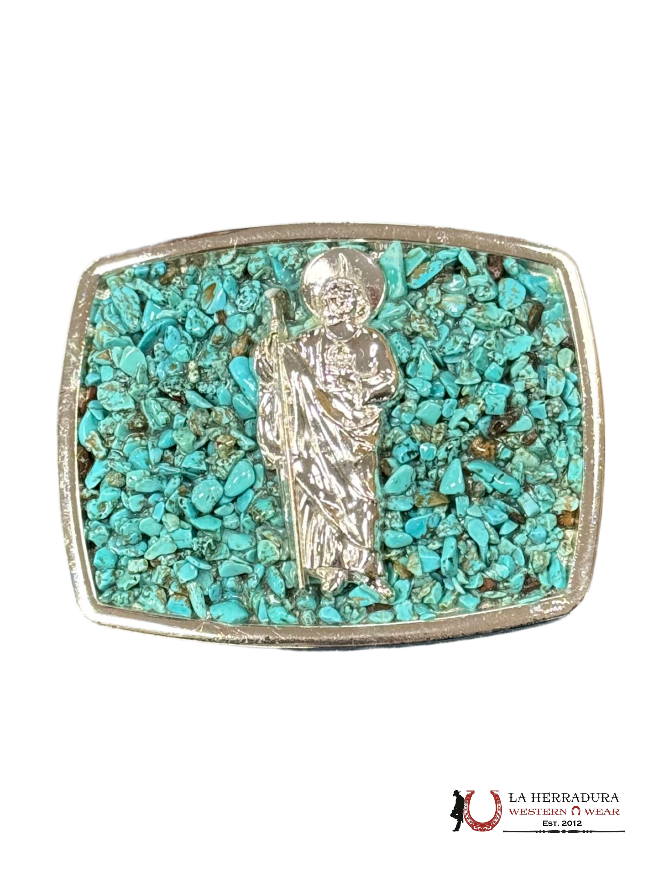 TURQUOISE STONE SILVER SAN JUDAS SQUARE BUCKLE ACCESORIOS