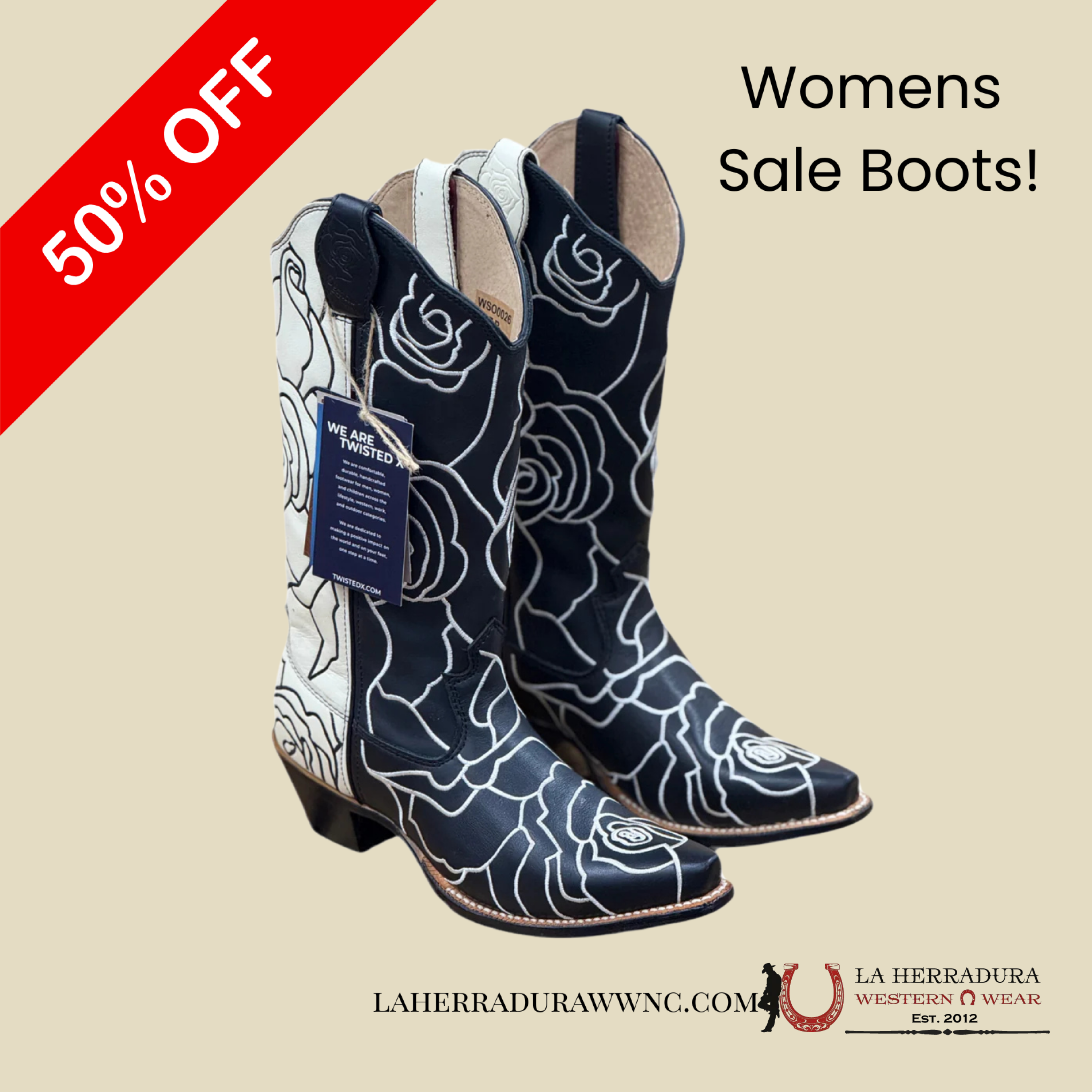 TWISTED X BOOTS BLACK AND WHITE ROSES BOTAS MUJERES