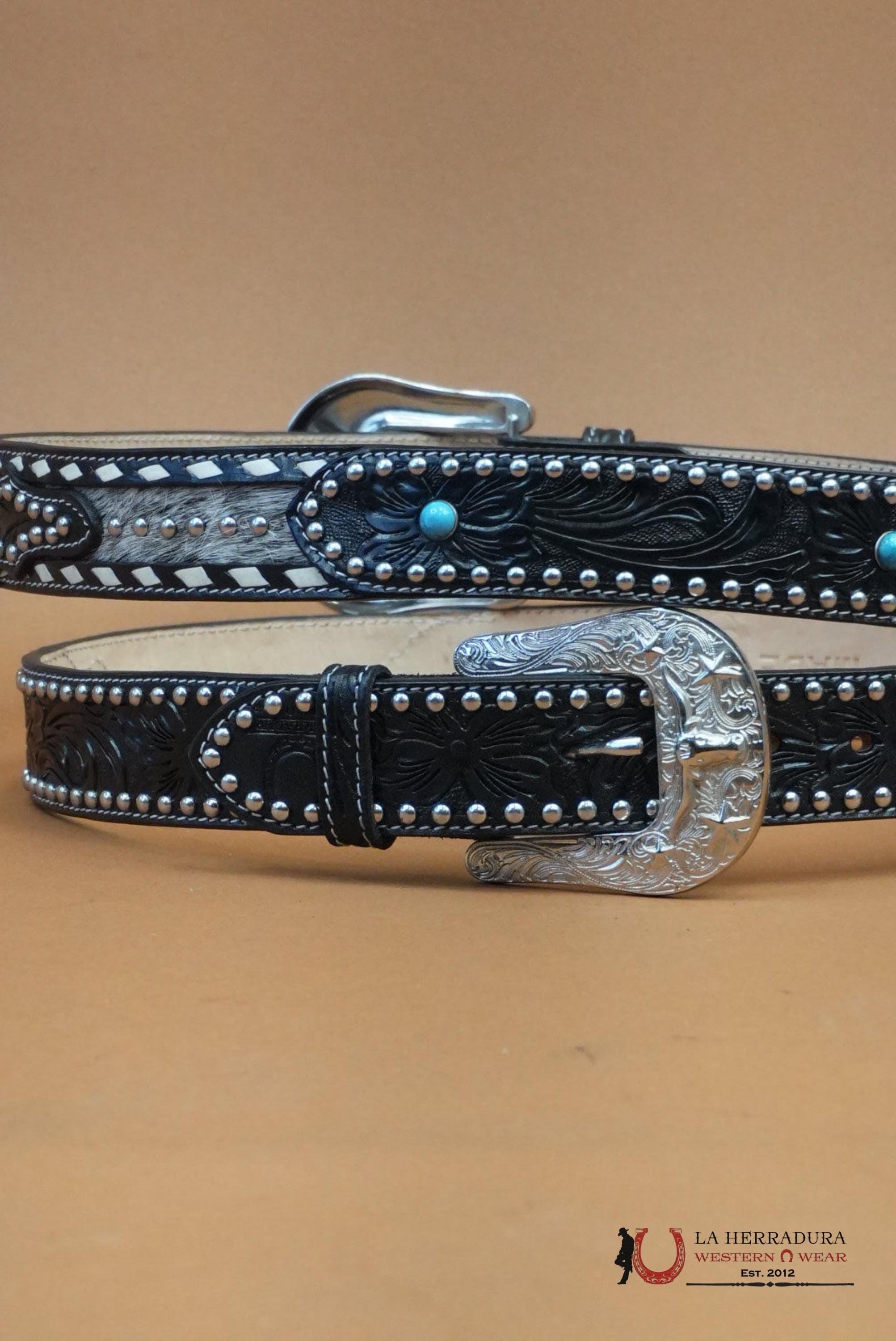 UNISEX BELT HANDTOOLED COWHIDE EMBELLISH BLACK BELT CINTURONES HOMBRES