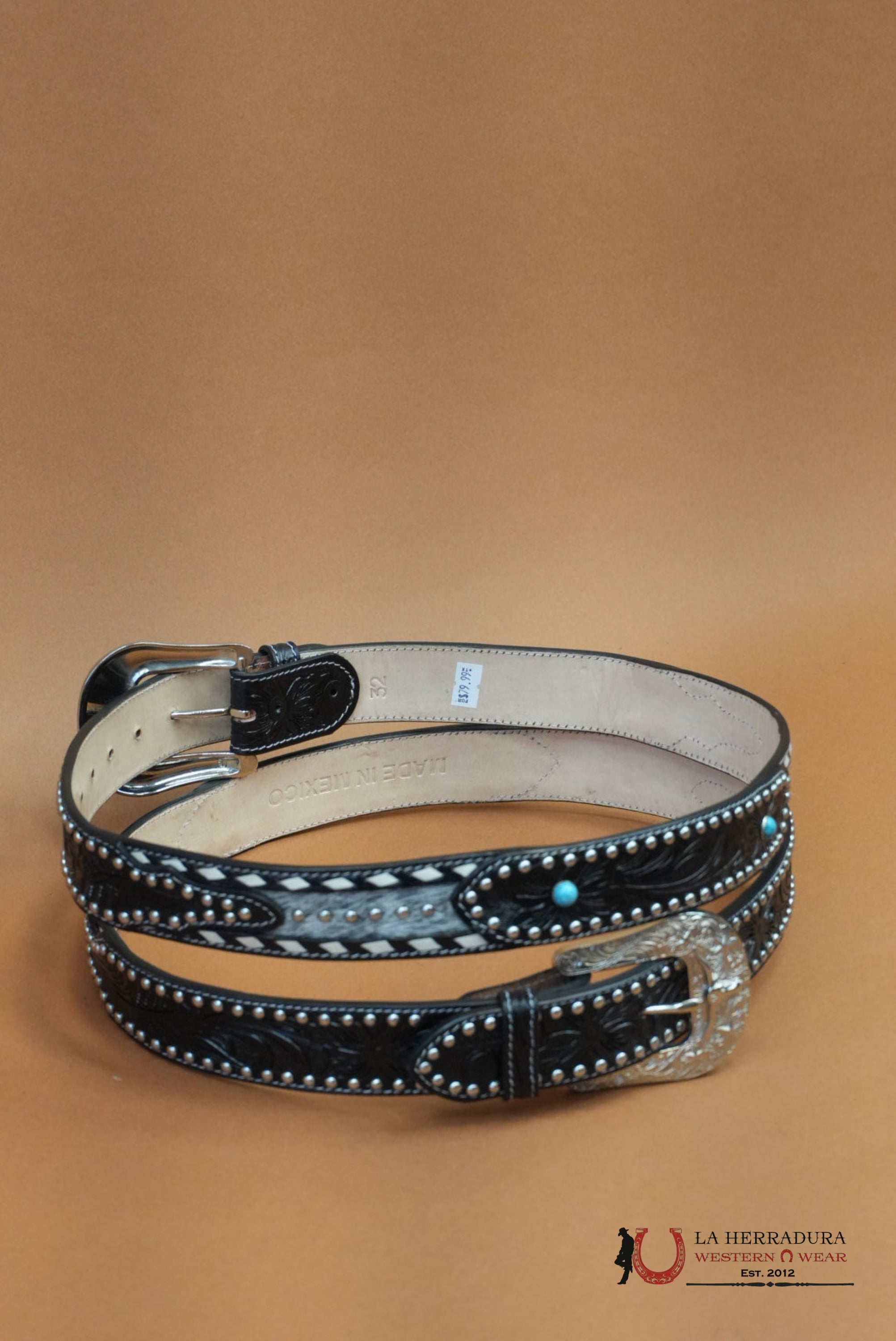 UNISEX BELT HANDTOOLED COWHIDE EMBELLISH BLACK BELT CINTURONES HOMBRES