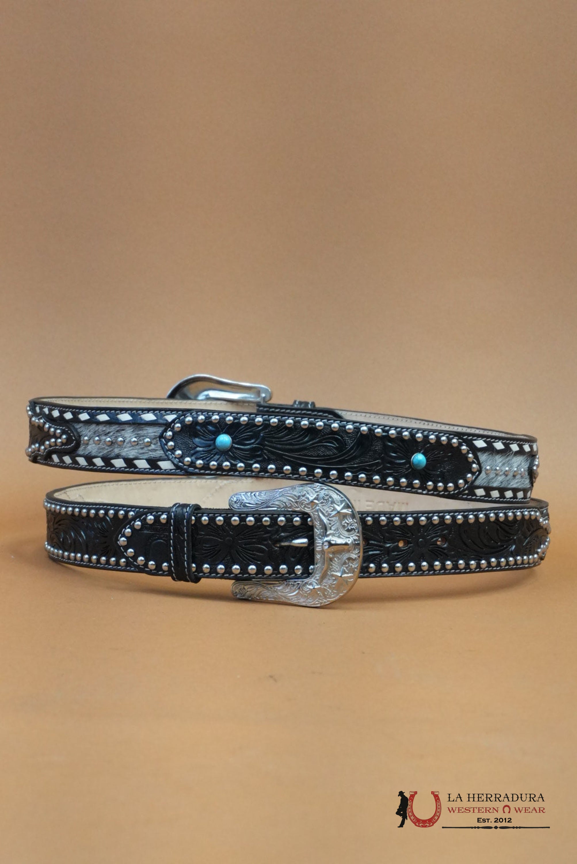 UNISEX BELT HANDTOOLED COWHIDE EMBELLISH BLACK BELT CINTURONES HOMBRES