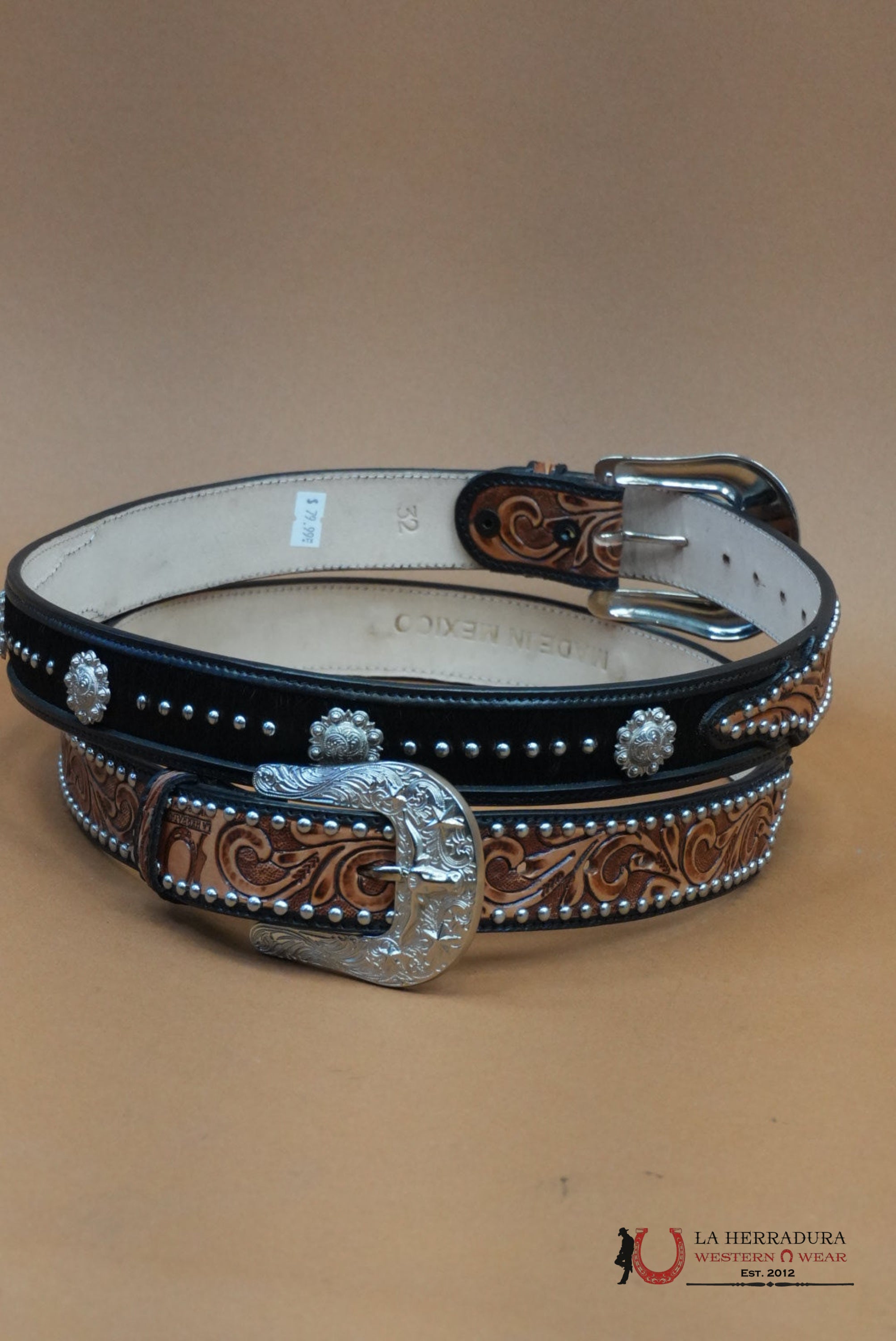 UNISEX HANDTOOLED ALL BLACK COWHIDE BELT CINTURONES MUJERES