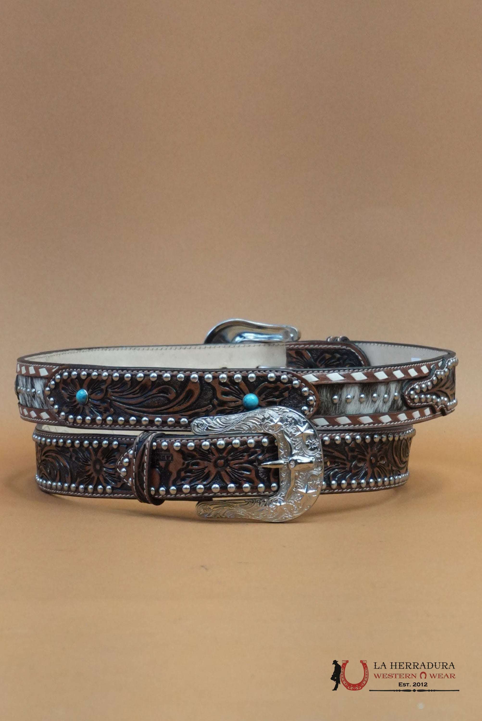 UNISEX HANDTOOLED COWHIDE EMBELLISH COGNAC BELT CINTURONES MUJERES