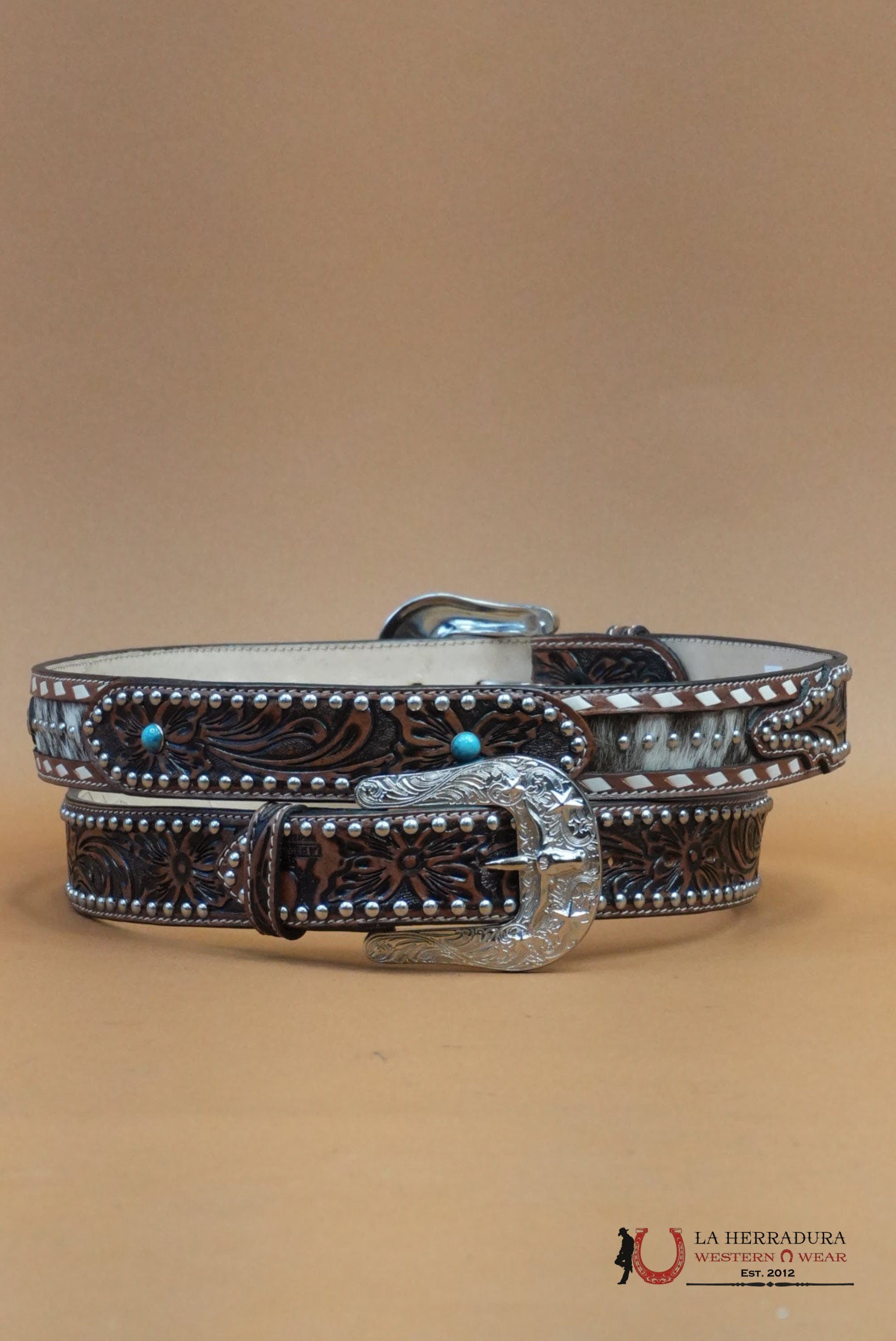 UNISEX HANDTOOLED COWHIDE EMBELLISH COGNAC BELT CINTURONES MUJERES