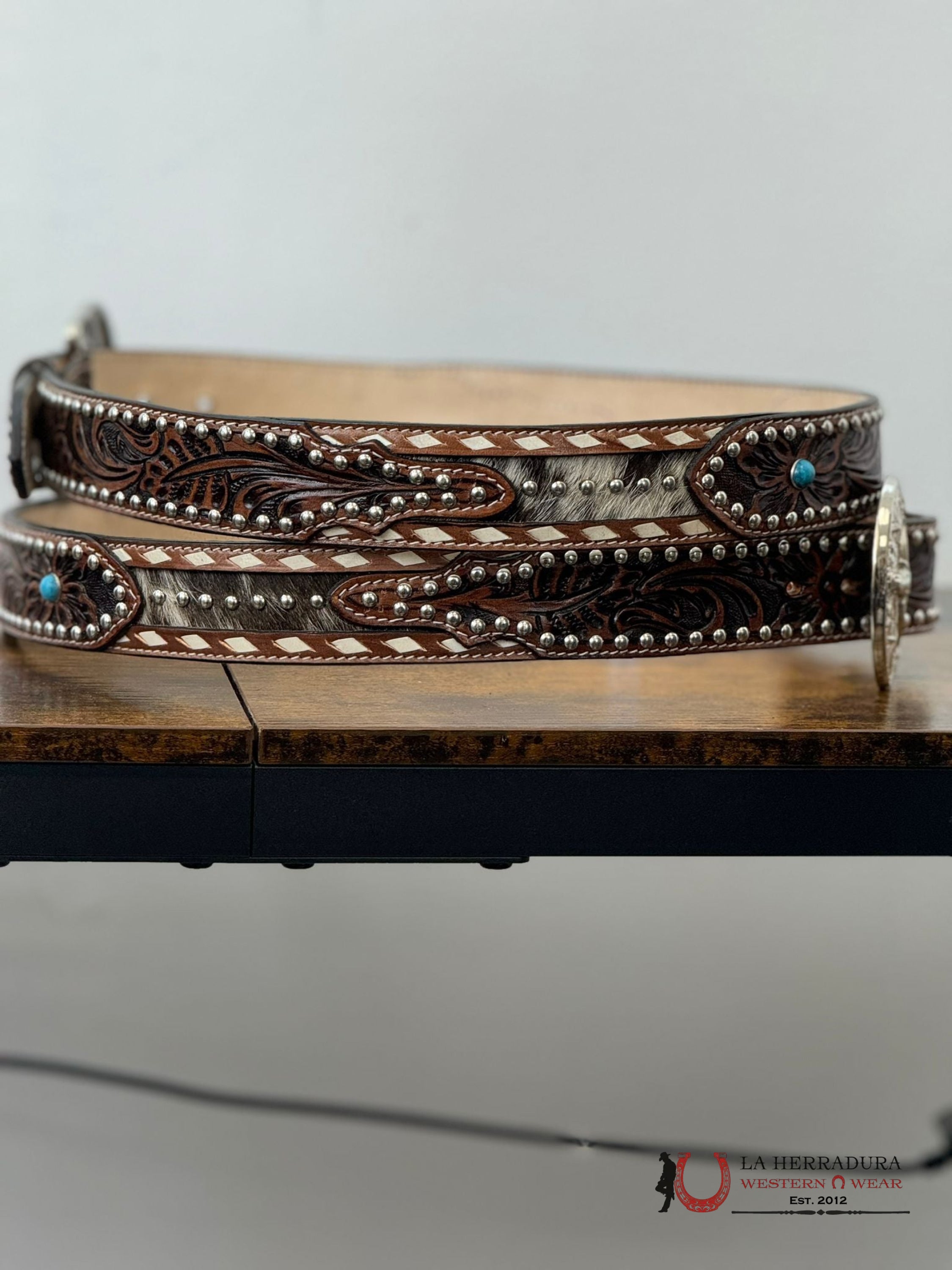 Unisex Handtooled Cowhide Embellish Cognac Belt Cinturones Mujeres