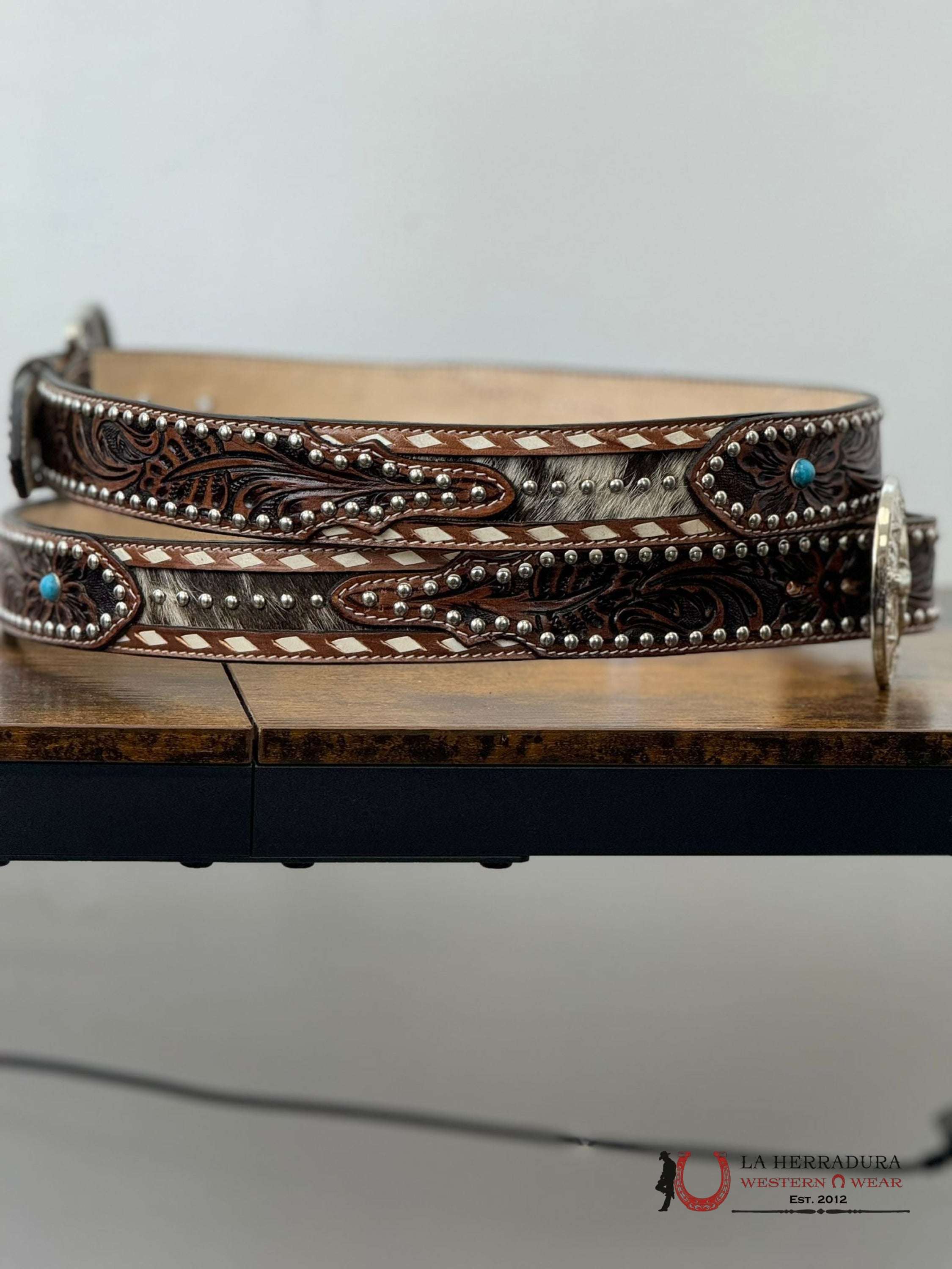 Unisex Handtooled Cowhide Embellish Cognac Belt Cinturones Mujeres