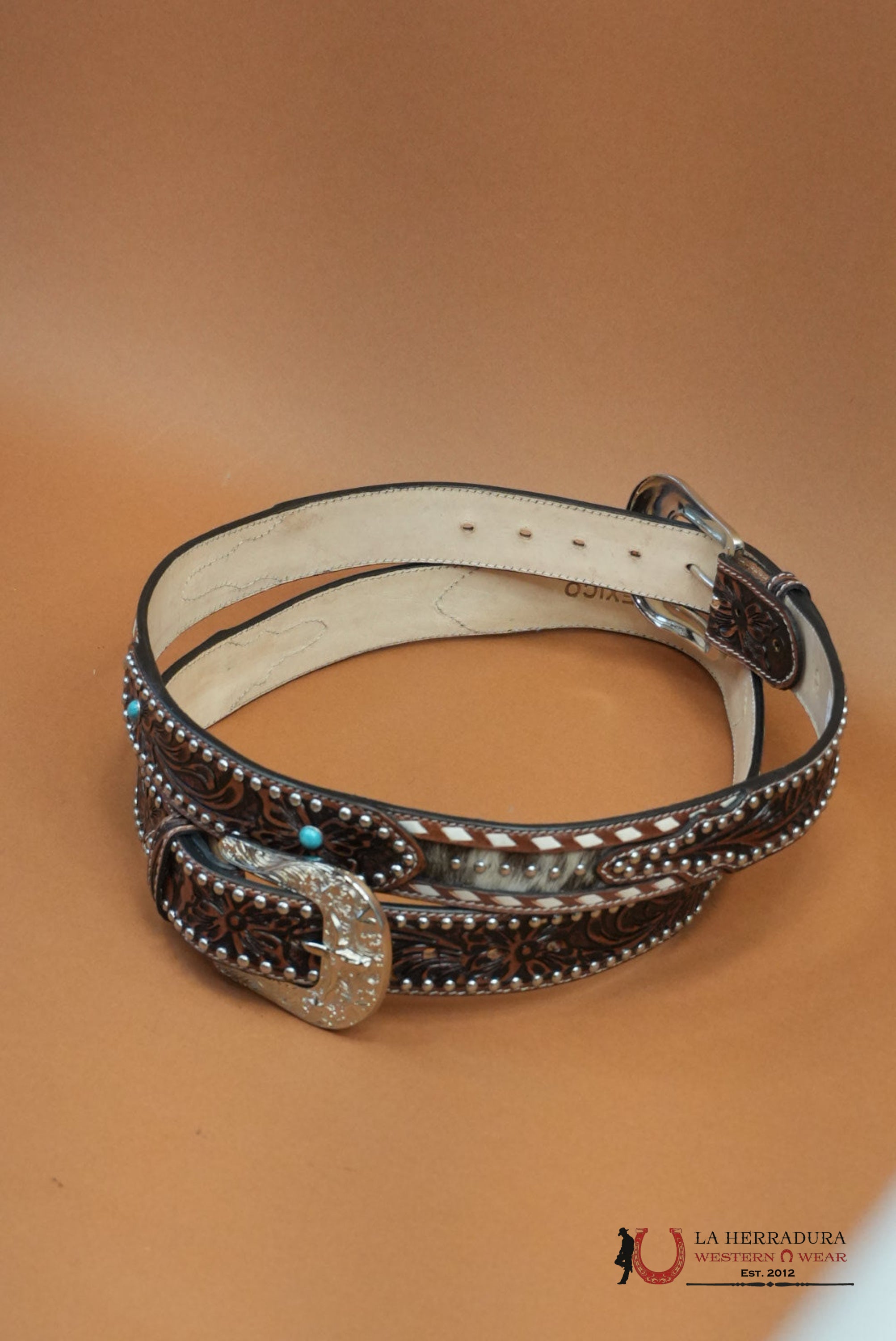 UNISEX HANDTOOLED COWHIDE EMBELLISH COGNAC BELT CINTURONES MUJERES