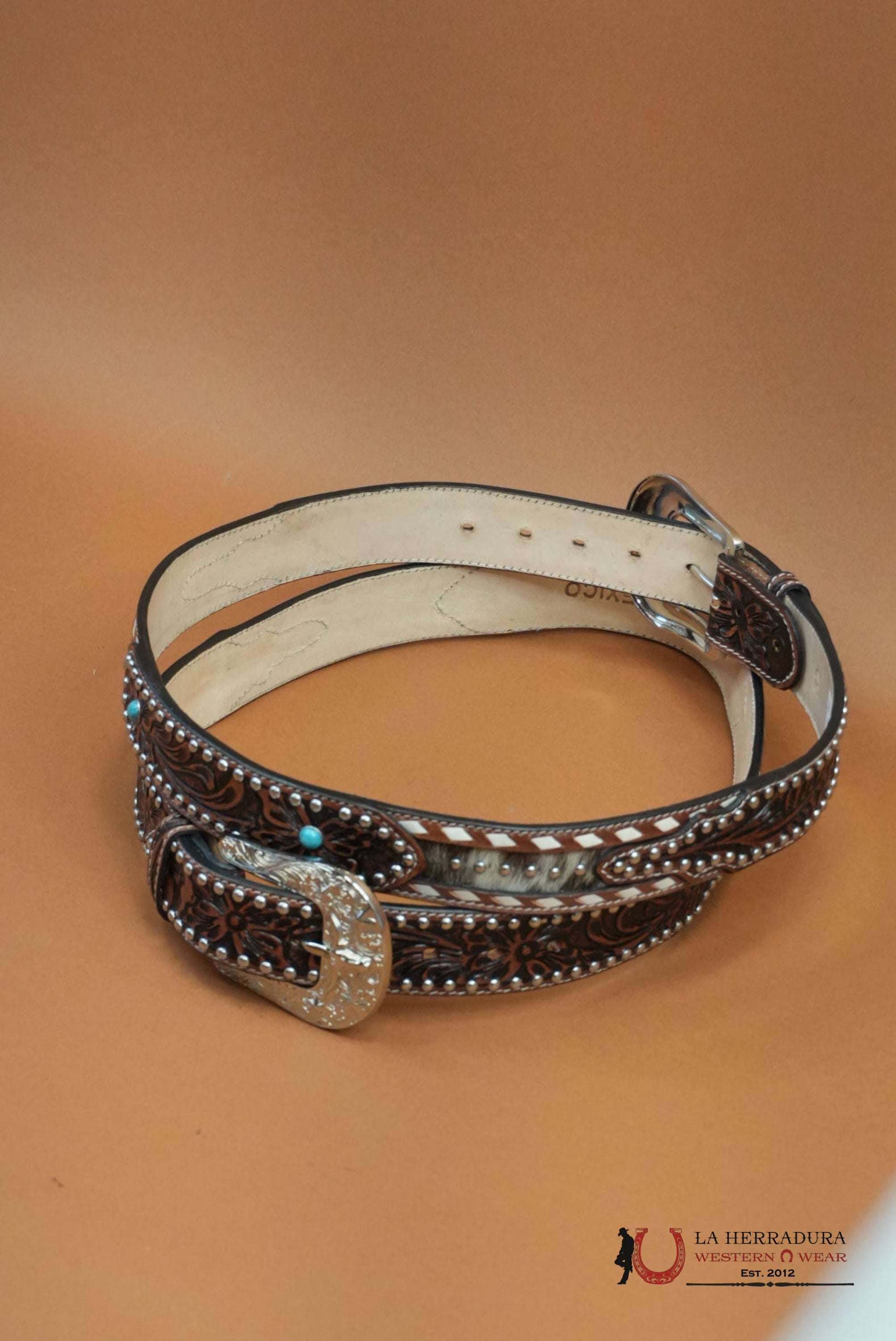 UNISEX HANDTOOLED COWHIDE EMBELLISH COGNAC BELT CINTURONES MUJERES