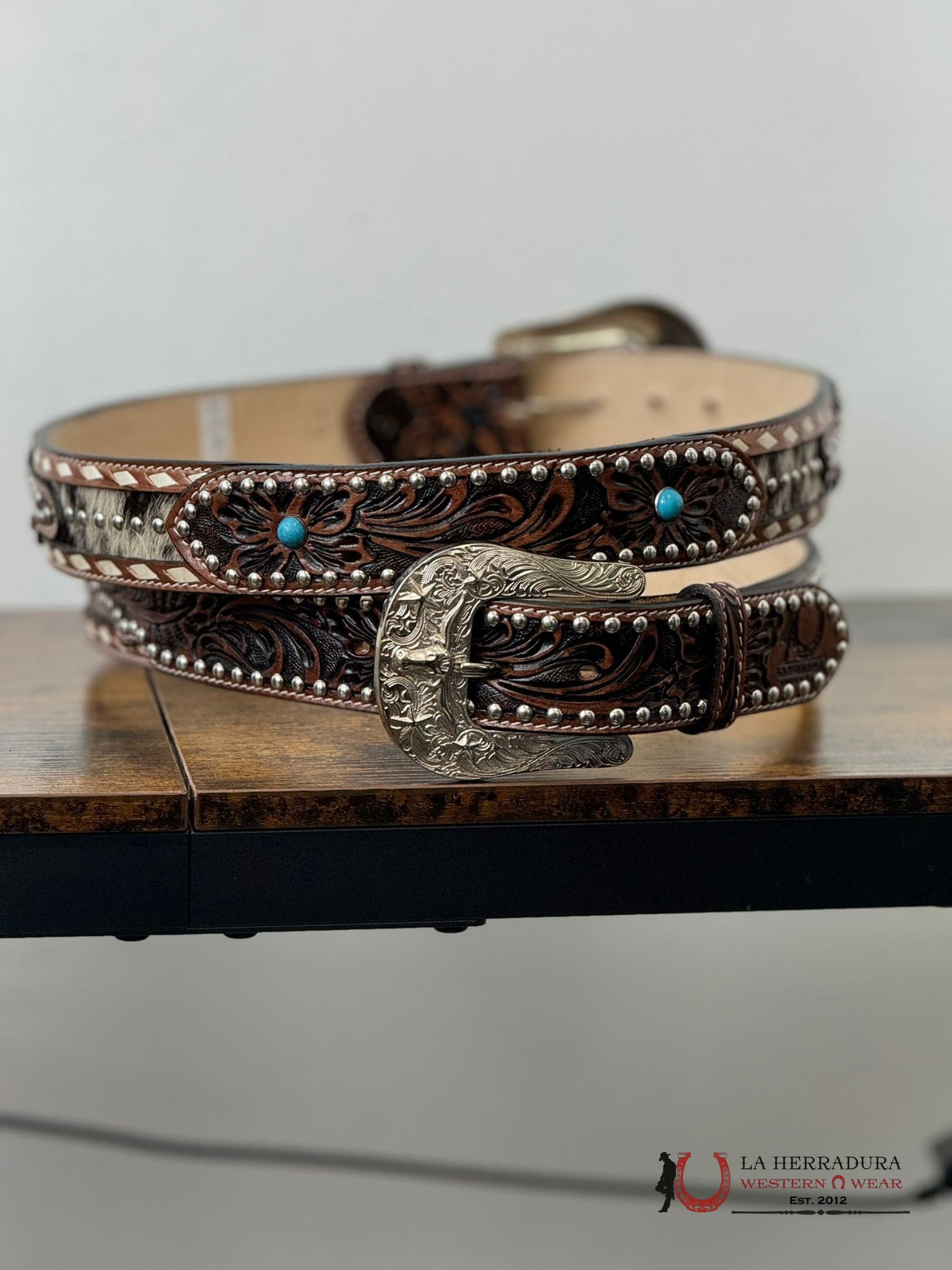Unisex Handtooled Cowhide Embellish Cognac Belt Cinturones Mujeres