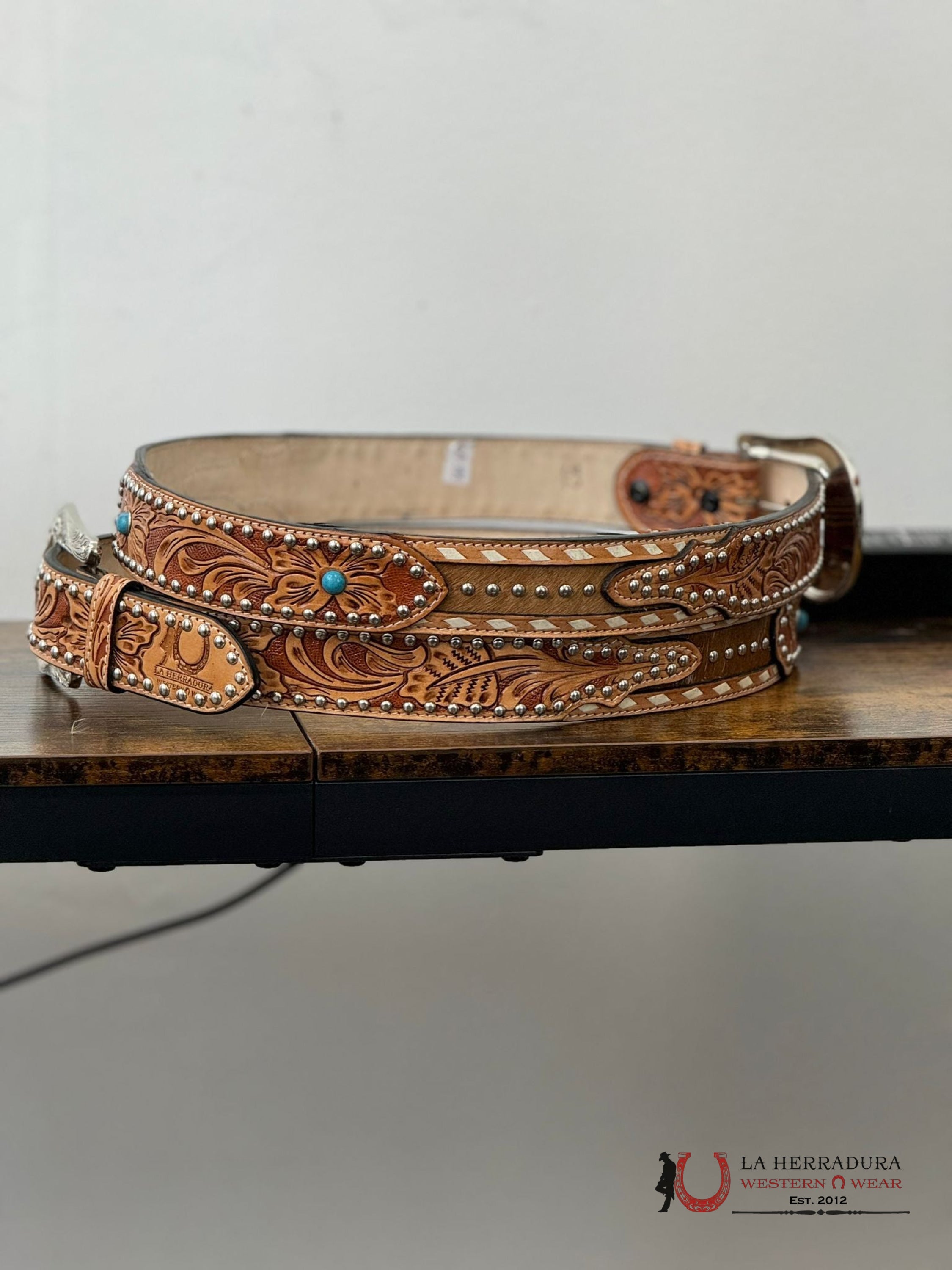Unisex Handtooled Cowhide Embellish Tan Belt Cinturones Mujeres