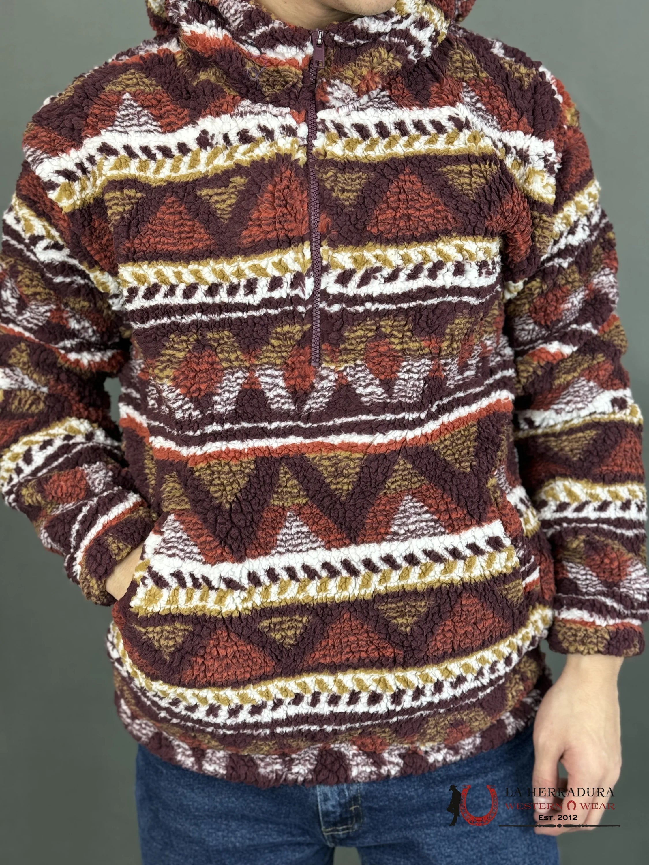 Unisex Wrangler Ls Quarter Zip Red Aztec Pullover:medieval Ropa Hombres