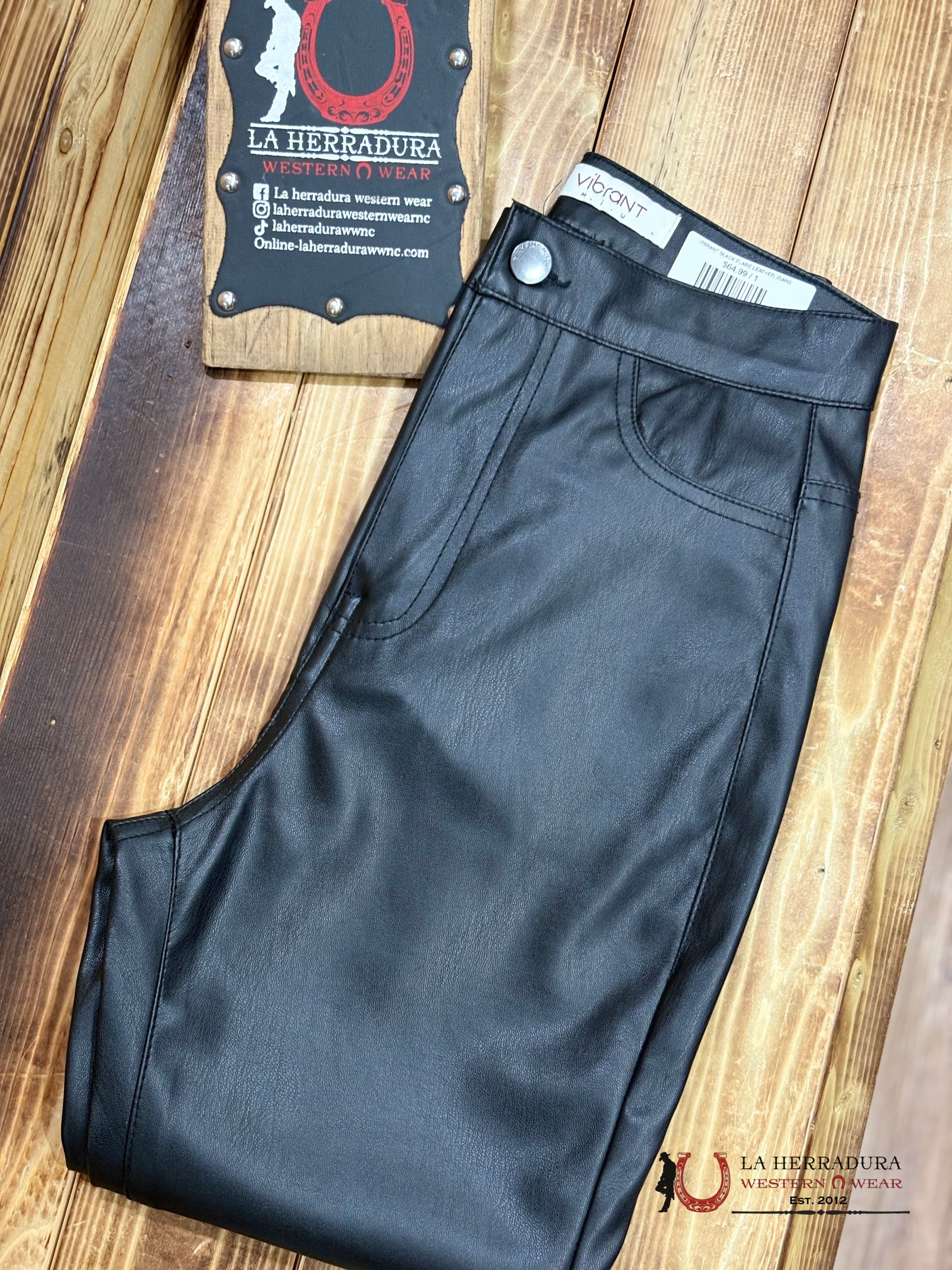 VIBRANT BLACK FLARE LEATHER JEANS ROCK&ROLL JEANS WOMEN