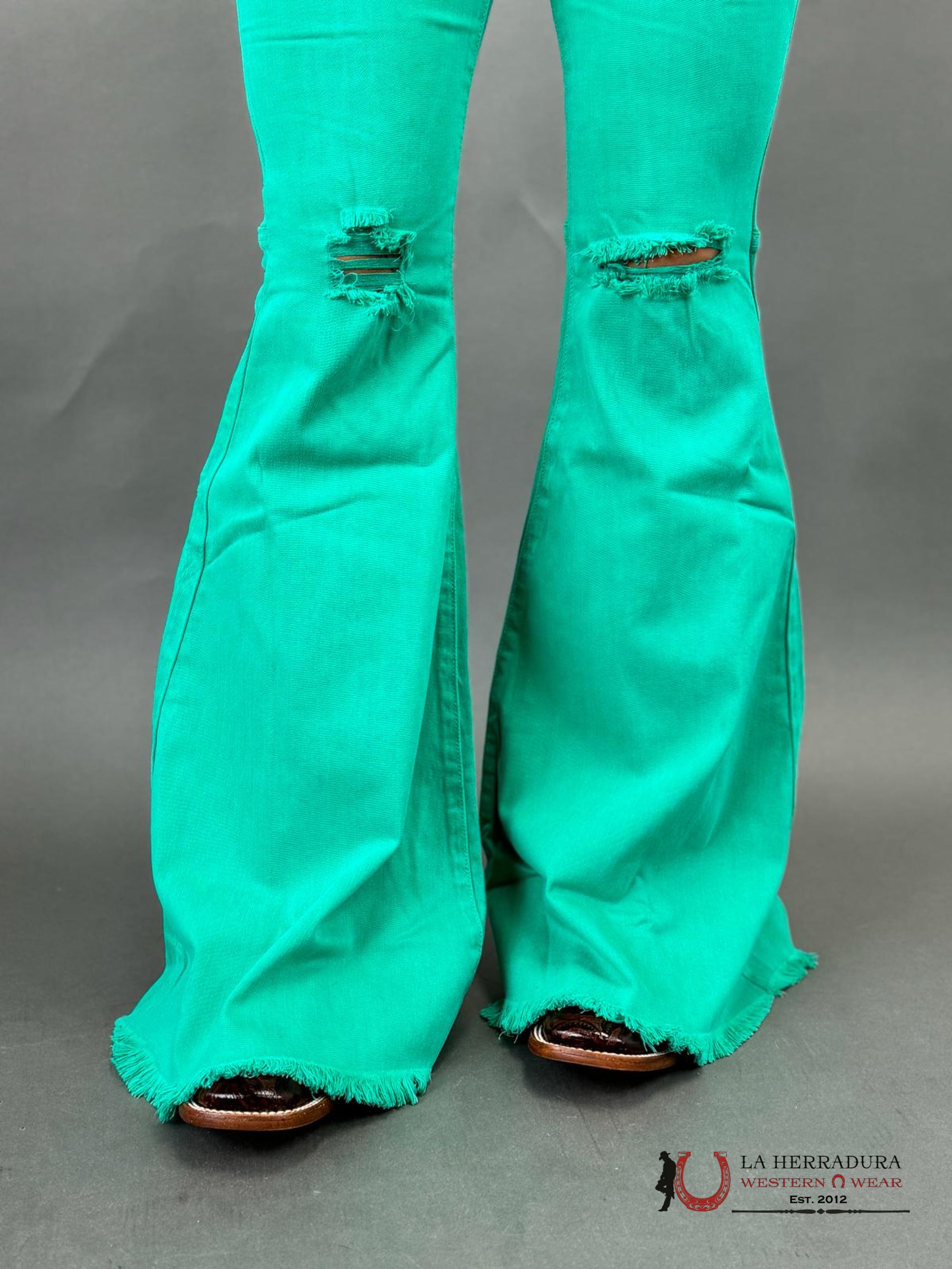 Vibrant Cool Green Flare Distressed Rock&Roll Jeans Women