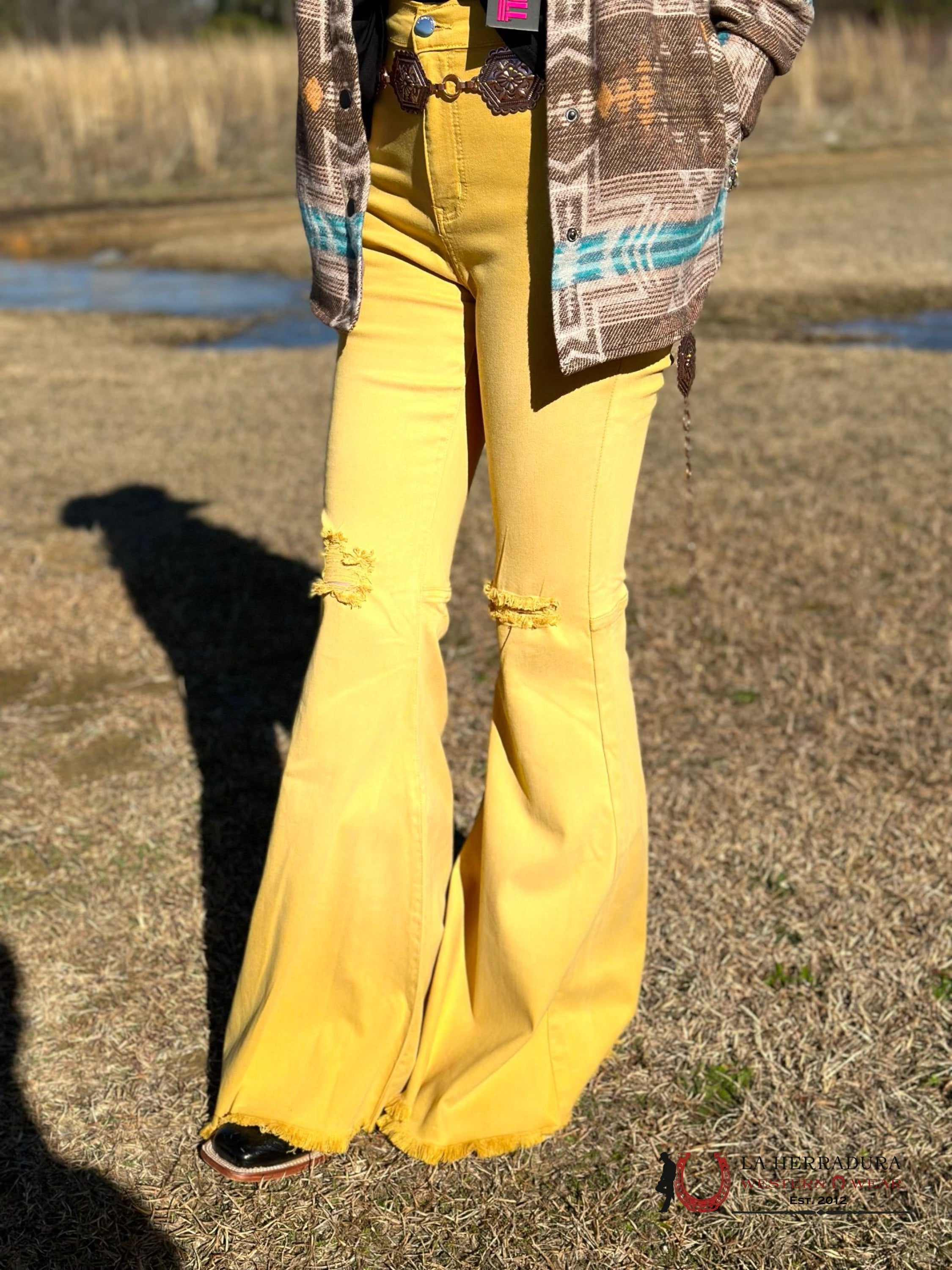 Vibrant Yellow Flare Jeans Rock&Roll Jeans Women