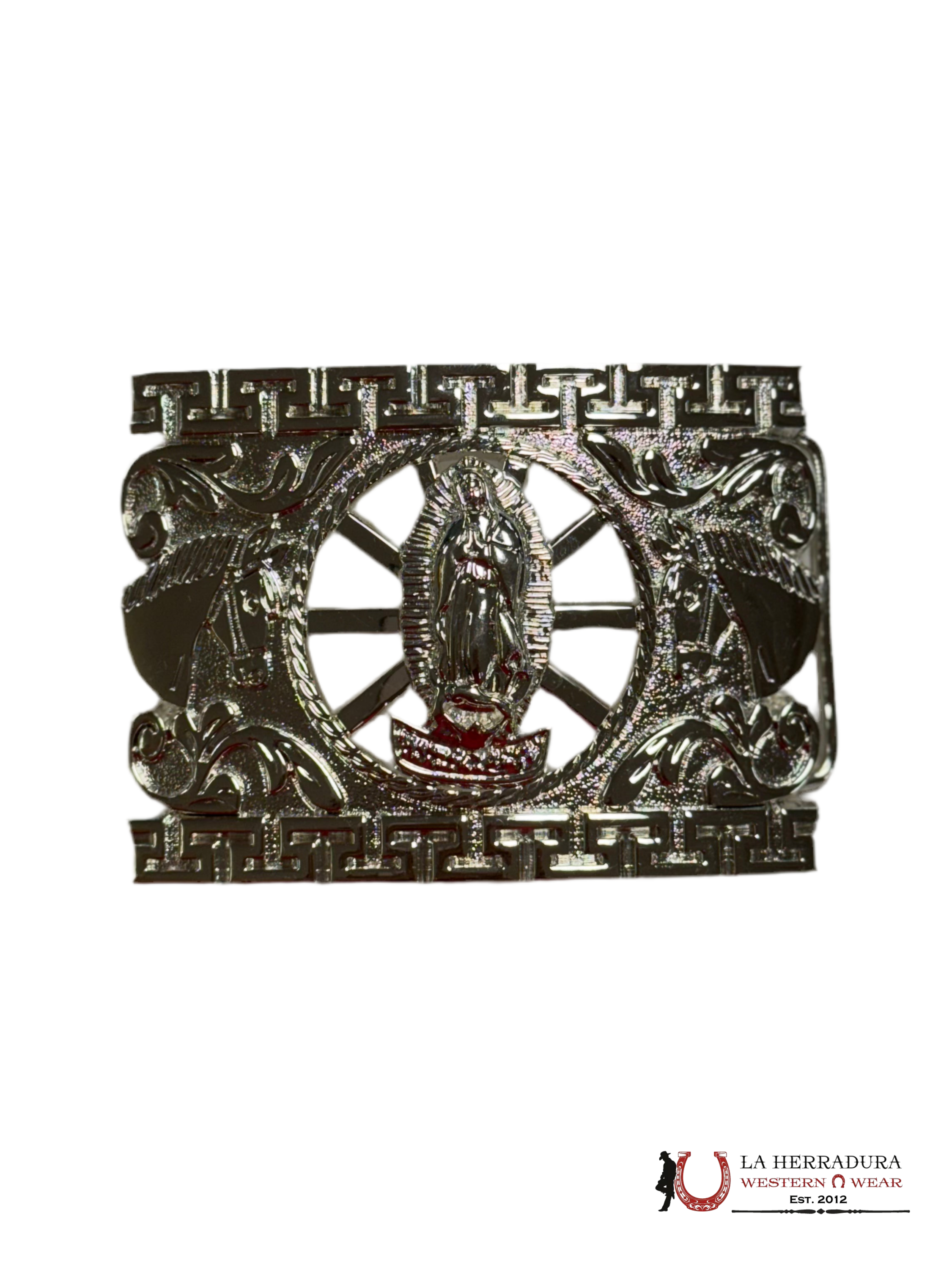 VIRGEN DE GUADALUPE ALL SILVER SQUARE BUCKLE ACCESORIOS