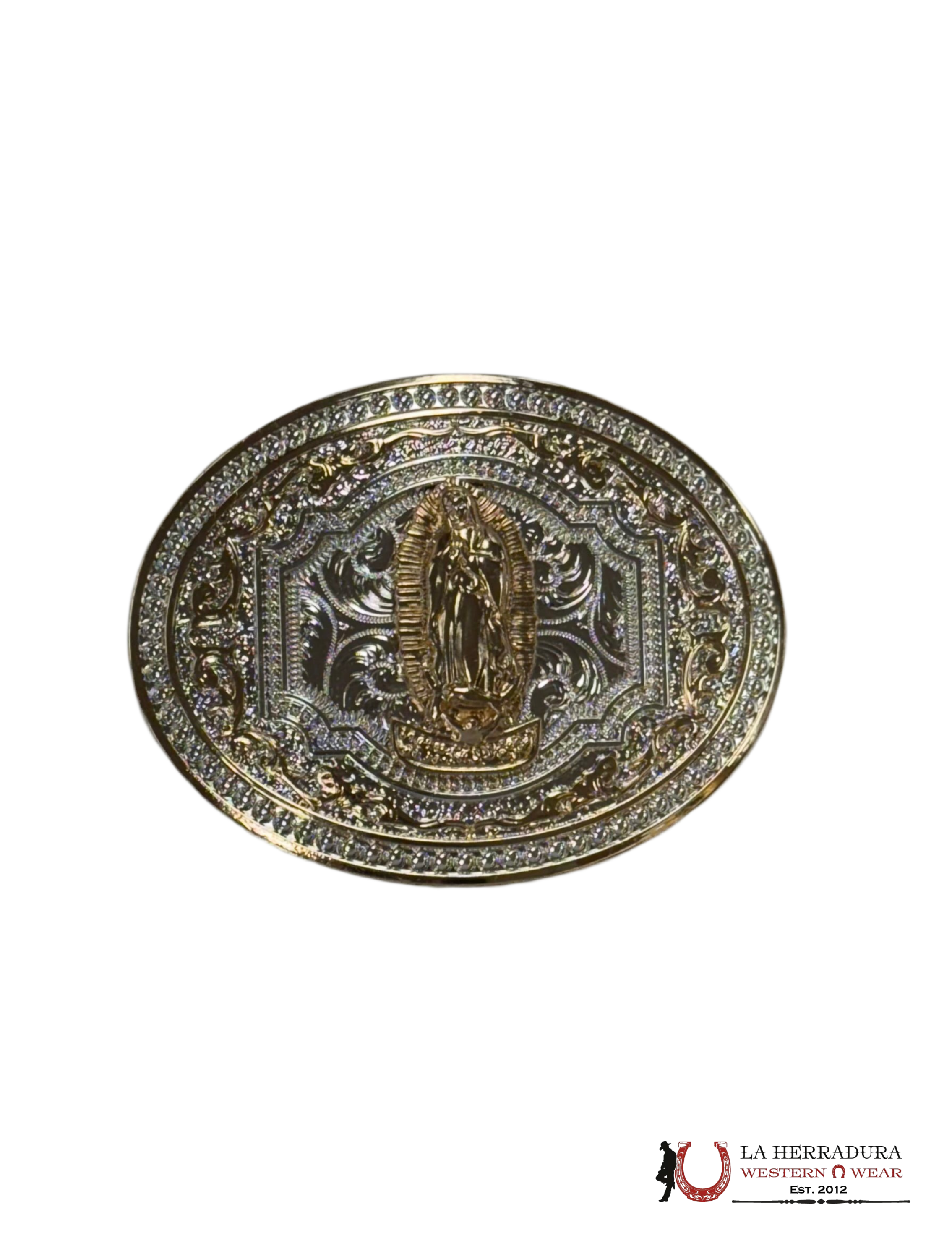 VIRGEN DE GUADALUPE GOLD AND SILVER ROUND BUCKLE ACCESORIOS