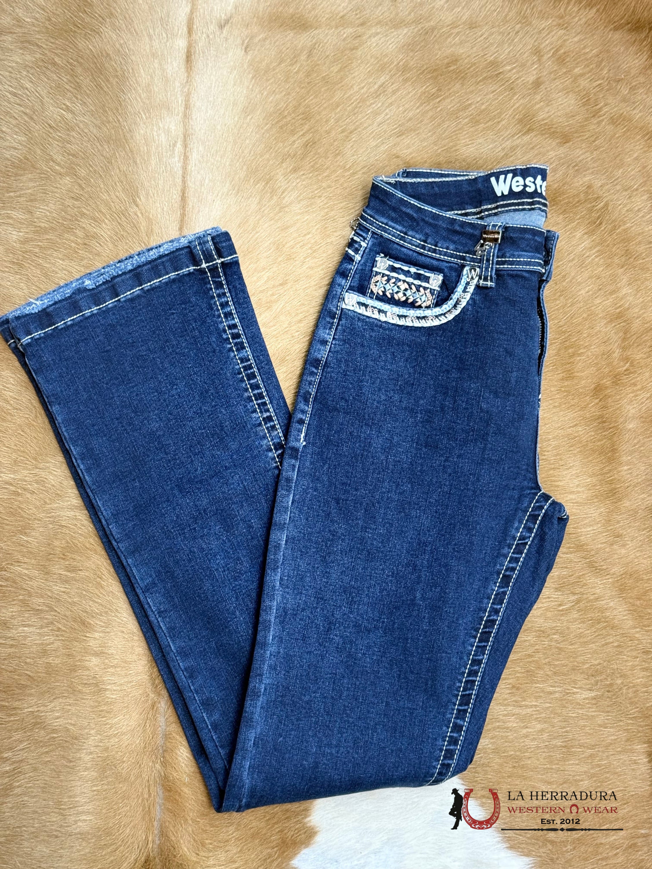 WESTERN BLUE EAGLE DARK BLUE JEAN WHITE STITCHING DIMOND BLUE & TAN EMBROIDERY W110-PB33 ROPA MUJERES