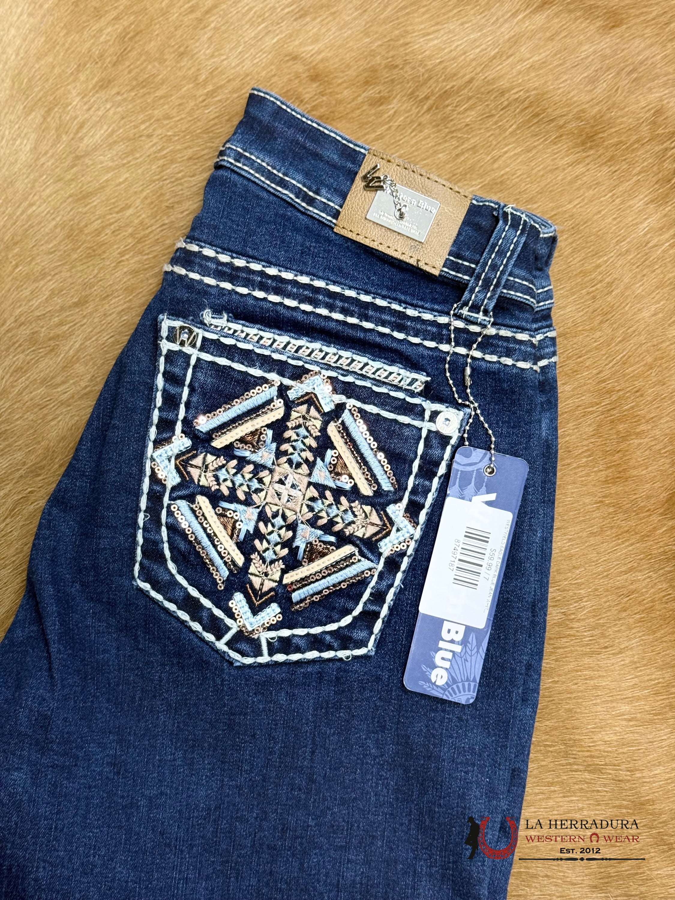 WESTERN BLUE EAGLE DARK BLUE JEAN WHITE STITCHING DIMOND BLUE & TAN EMBROIDERY W110-PB33 ROPA MUJERES