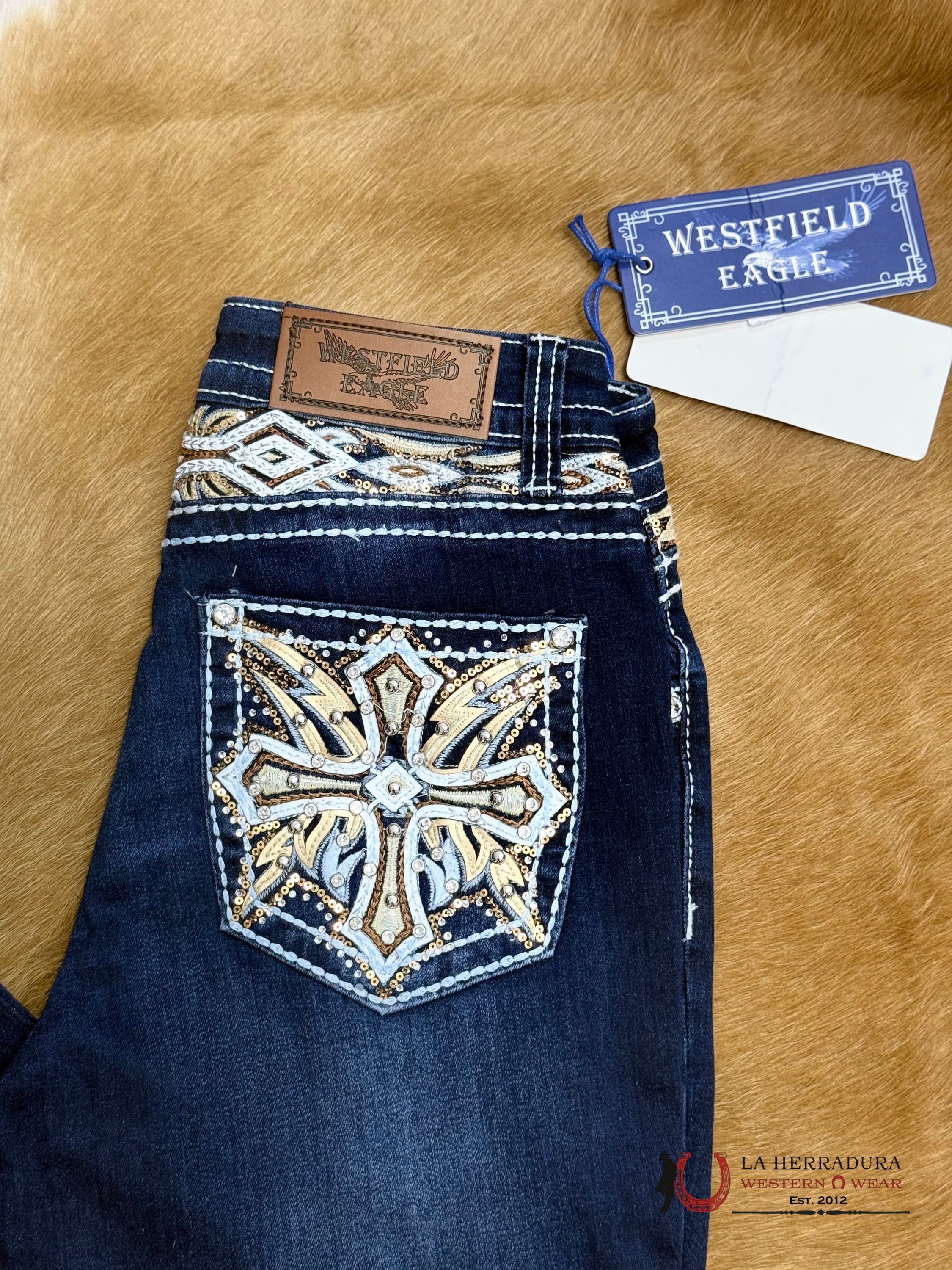 WESTFIELD EAGLE DARK BLUE JEAN WHITE STITCHING GOLD & BLUE CROSS EMBROIDERY WF-342 ROPA MUJERES