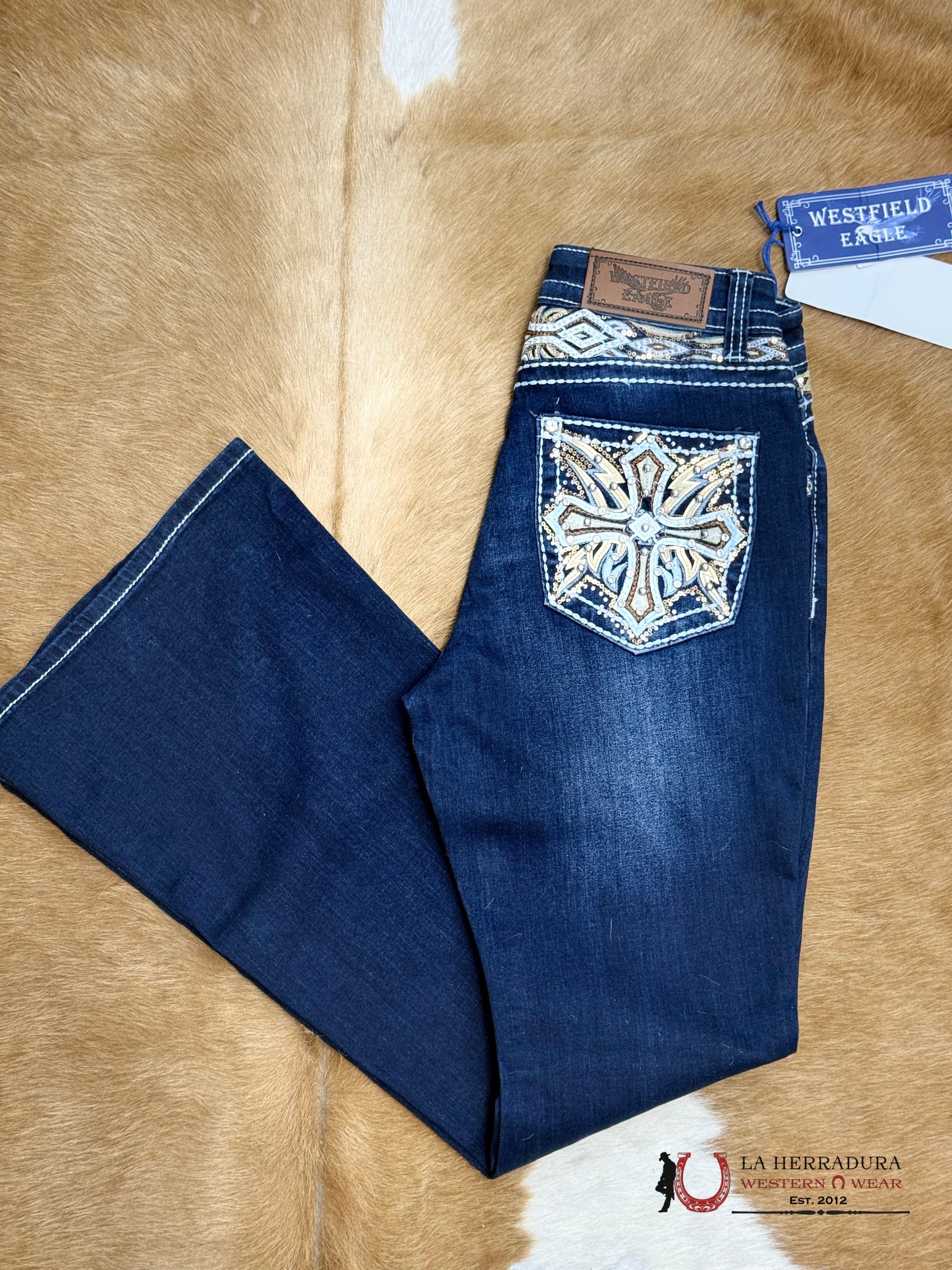 WESTFIELD EAGLE DARK BLUE JEAN WHITE STITCHING GOLD & BLUE CROSS EMBROIDERY WF-342 ROPA MUJERES