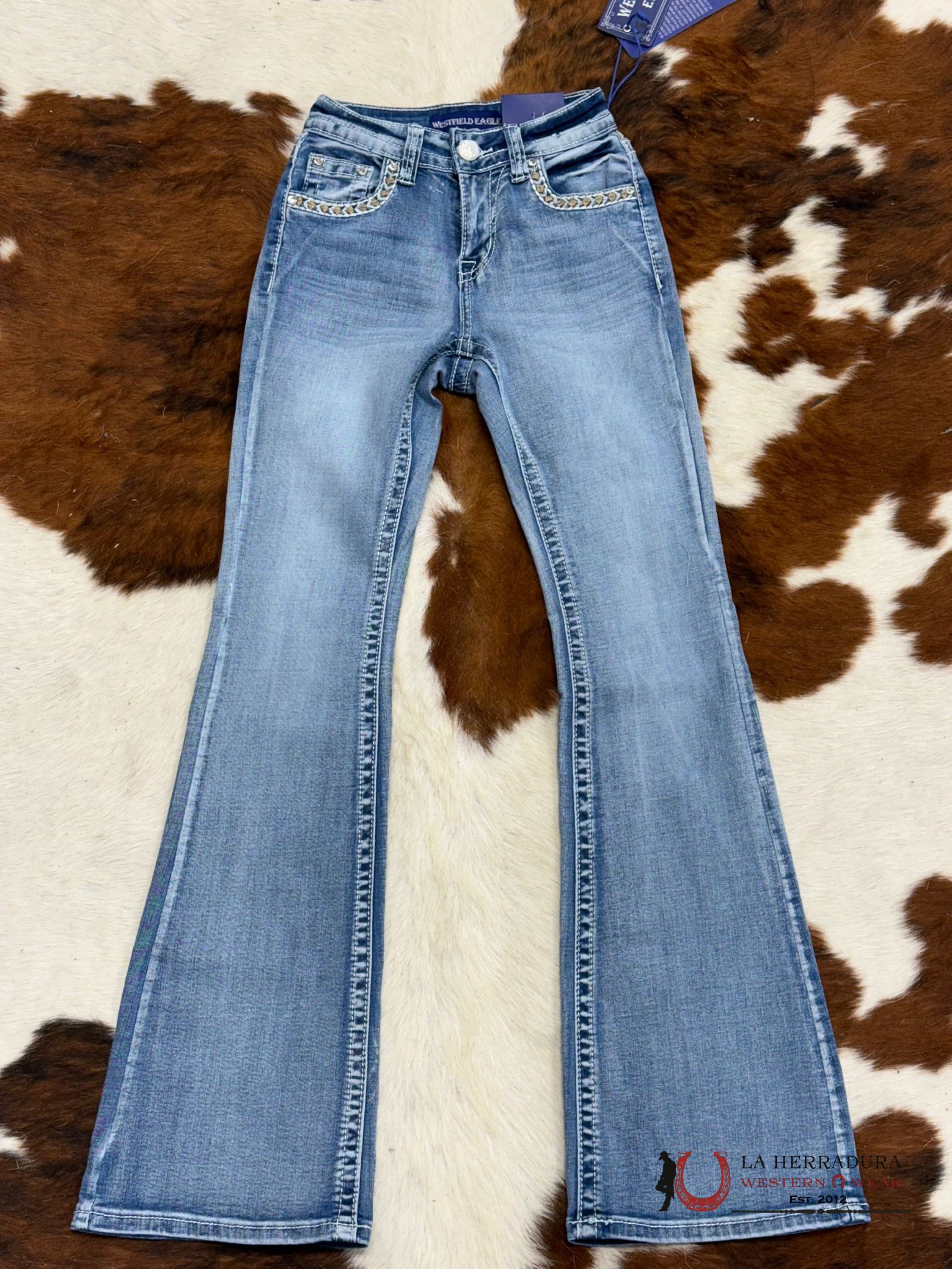 Westfield Eagle Rhinestone Distressed Light Wash Bootcut Women Jeans Wf-322 Ropa Mujeres