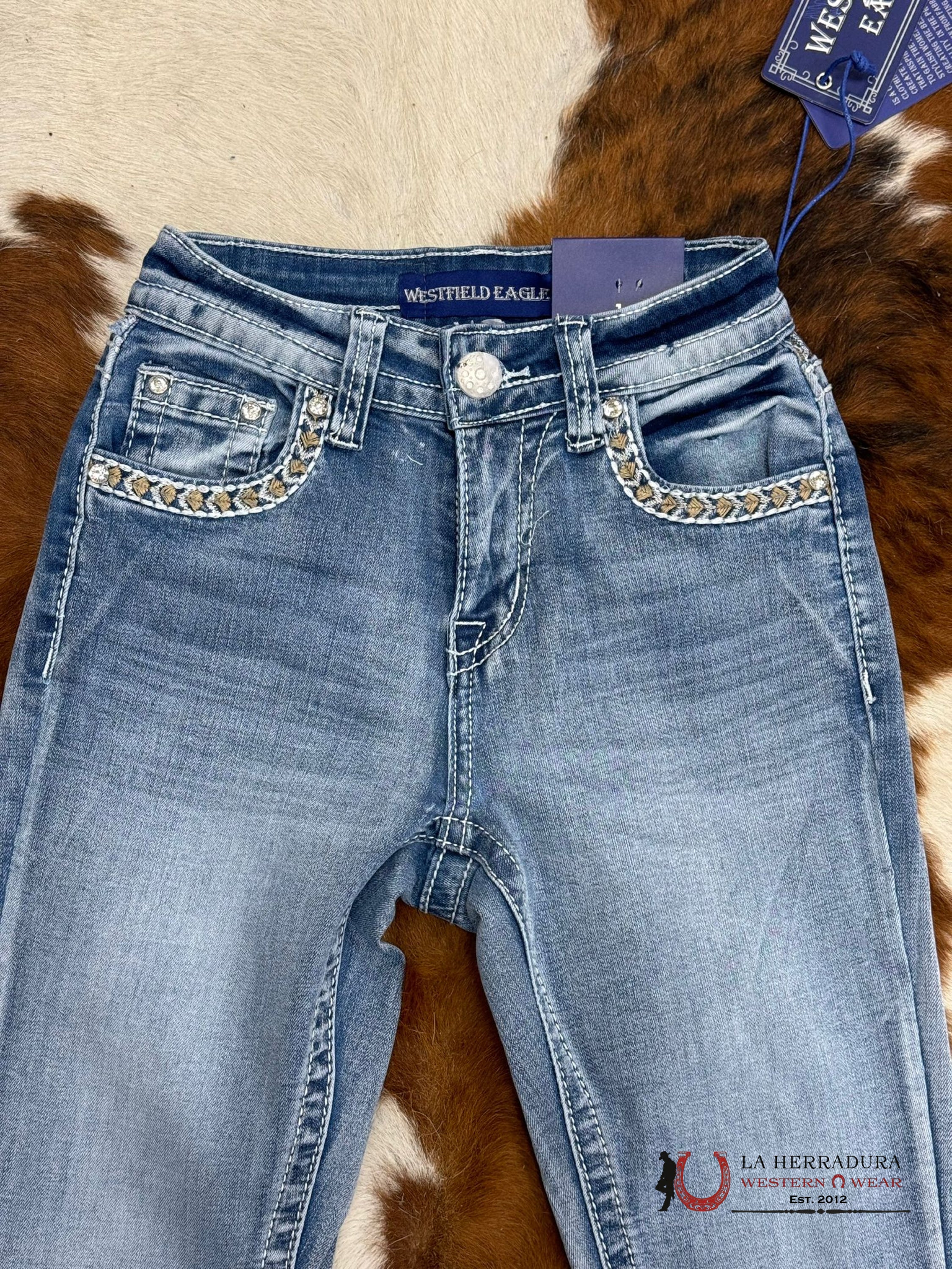 Westfield Eagle Rhinestone Distressed Light Wash Bootcut Women Jeans Wf-322 Ropa Mujeres