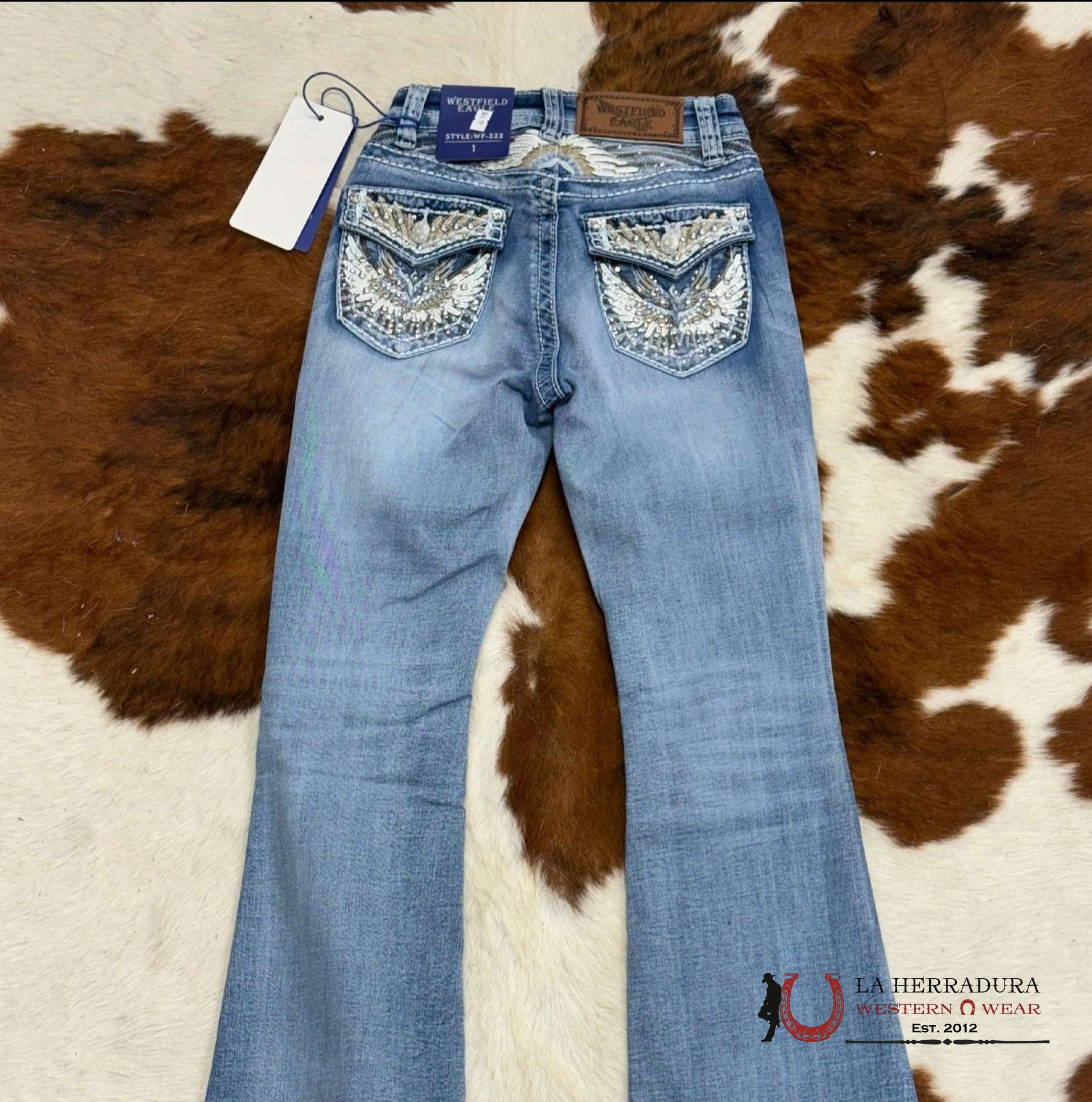 Westfield Eagle Rhinestone Distressed Light Wash Bootcut Women Jeans Wf-322 Ropa Mujeres