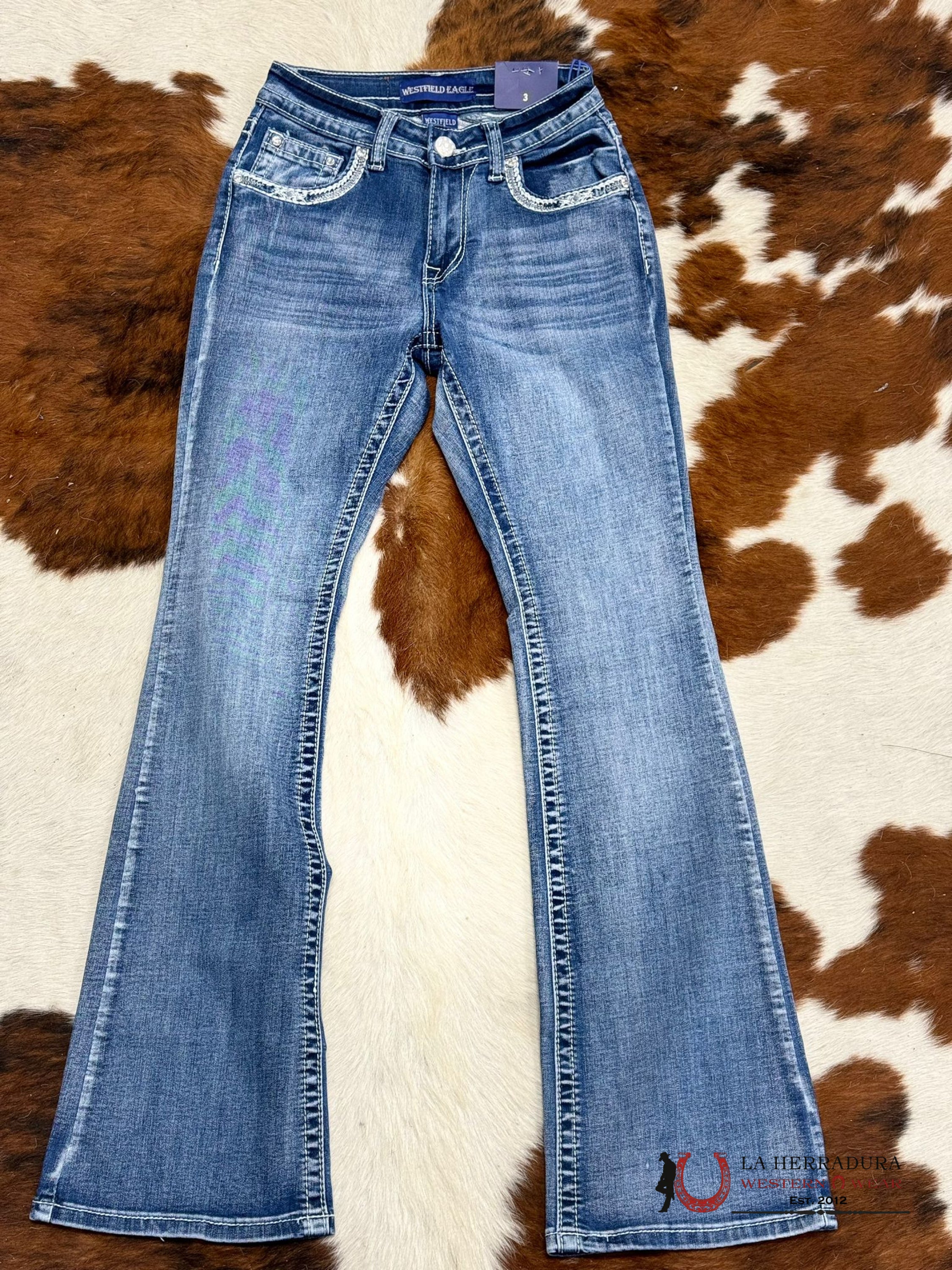 Westfield Eagle Rhinestone Medium Light Wash Bootcut Women Jeans Wt-725 Ropa Mujeres