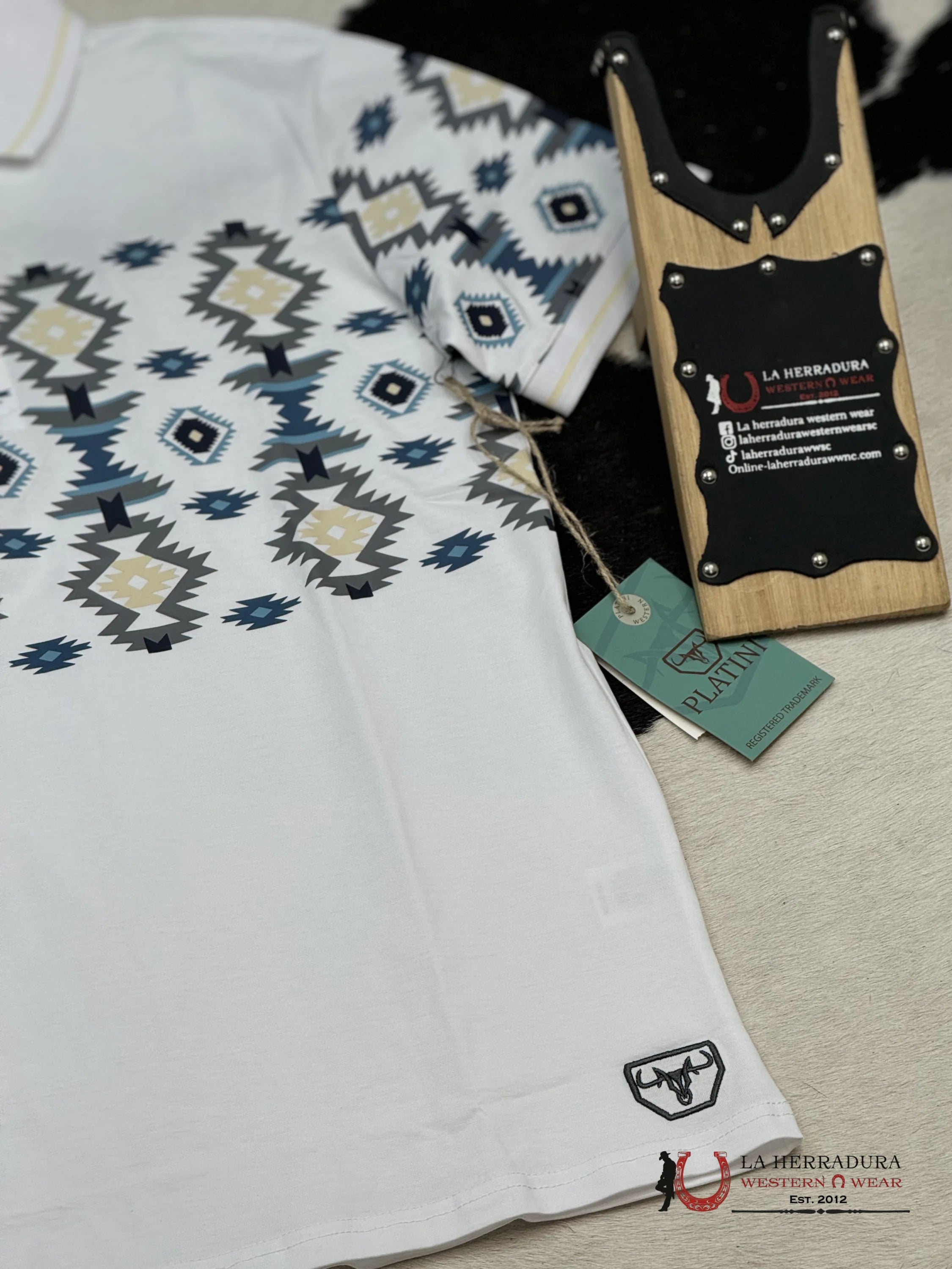 White Aztec Polo Short Sleeve Shirt Blue Teal Ropa Hombres