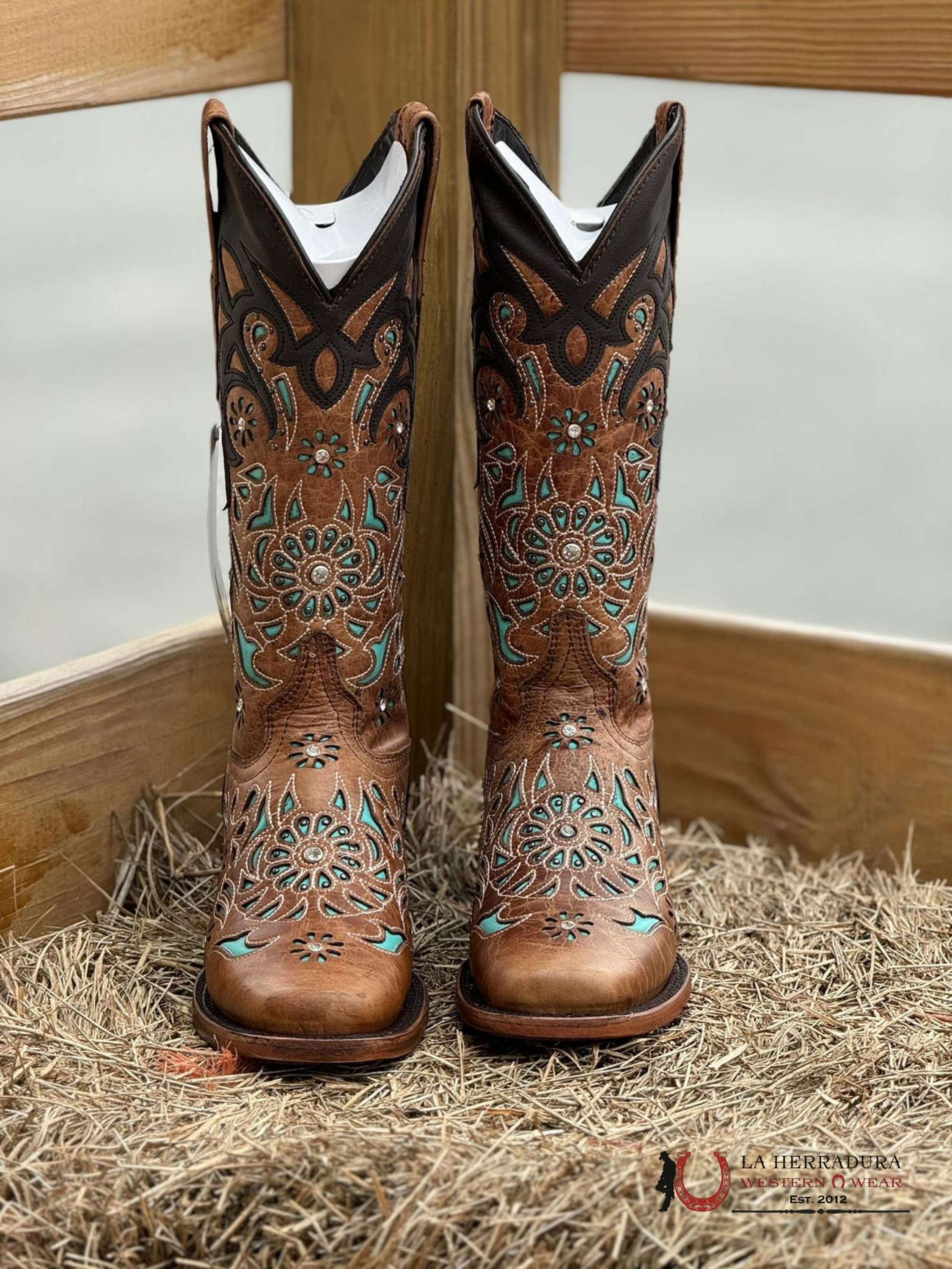 Wildflower Black Top Turquoise Semi Square Toe Jd0028 Botas Mujeres