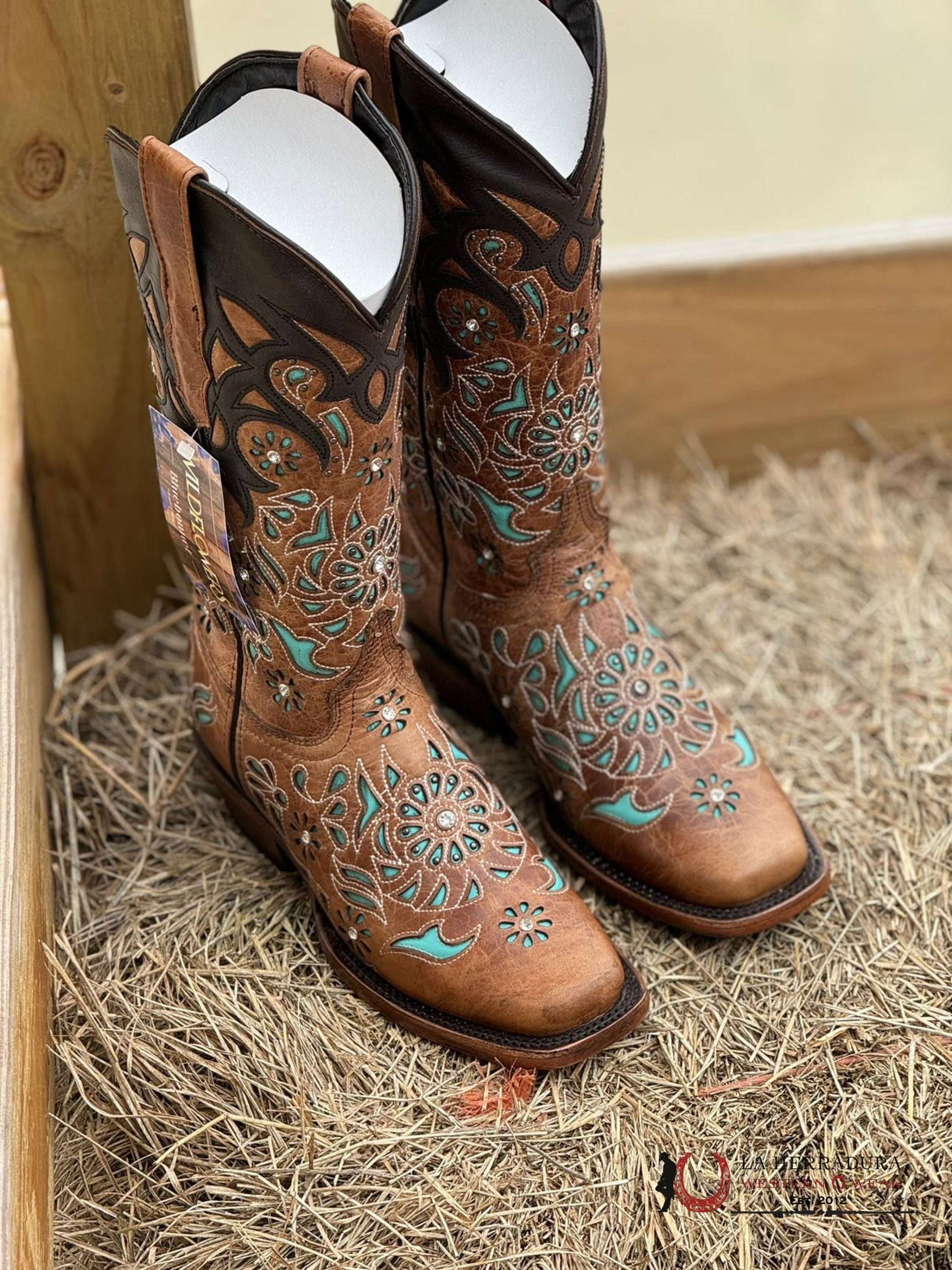 Wildflower Black Top Turquoise Semi Square Toe Jd0028 Botas Mujeres