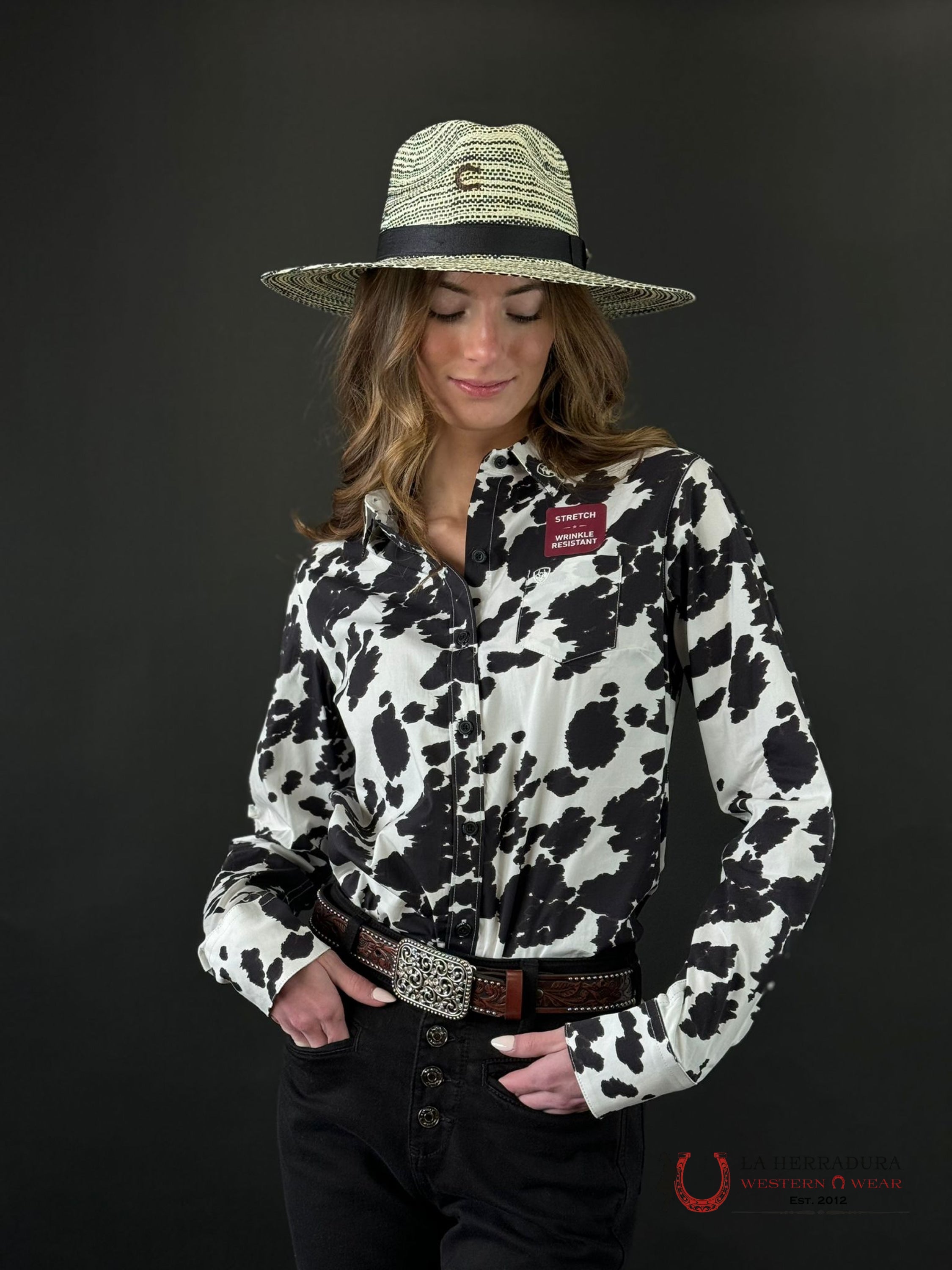 Women Ariat Team Kirby Long Sleeve Cow Print Ropa Mujeres