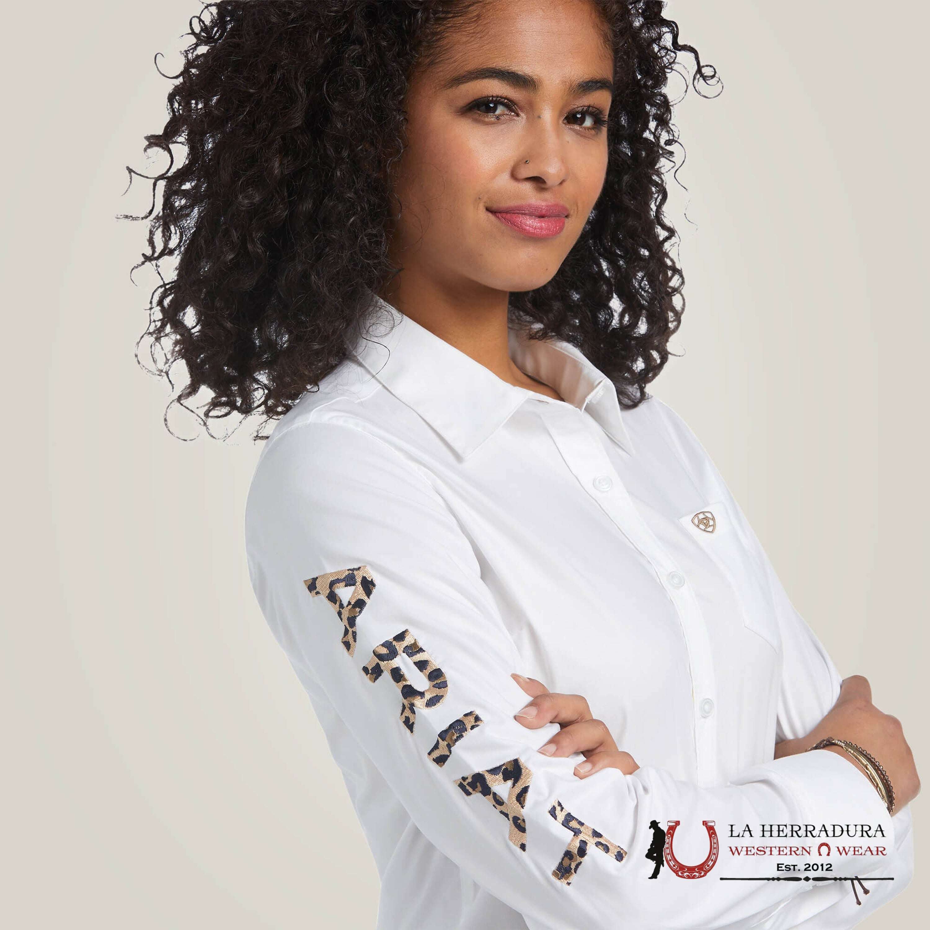 Women Ariat Kirby White With Leopard Logo Long Sleeve Shirt Ropa Mujeres