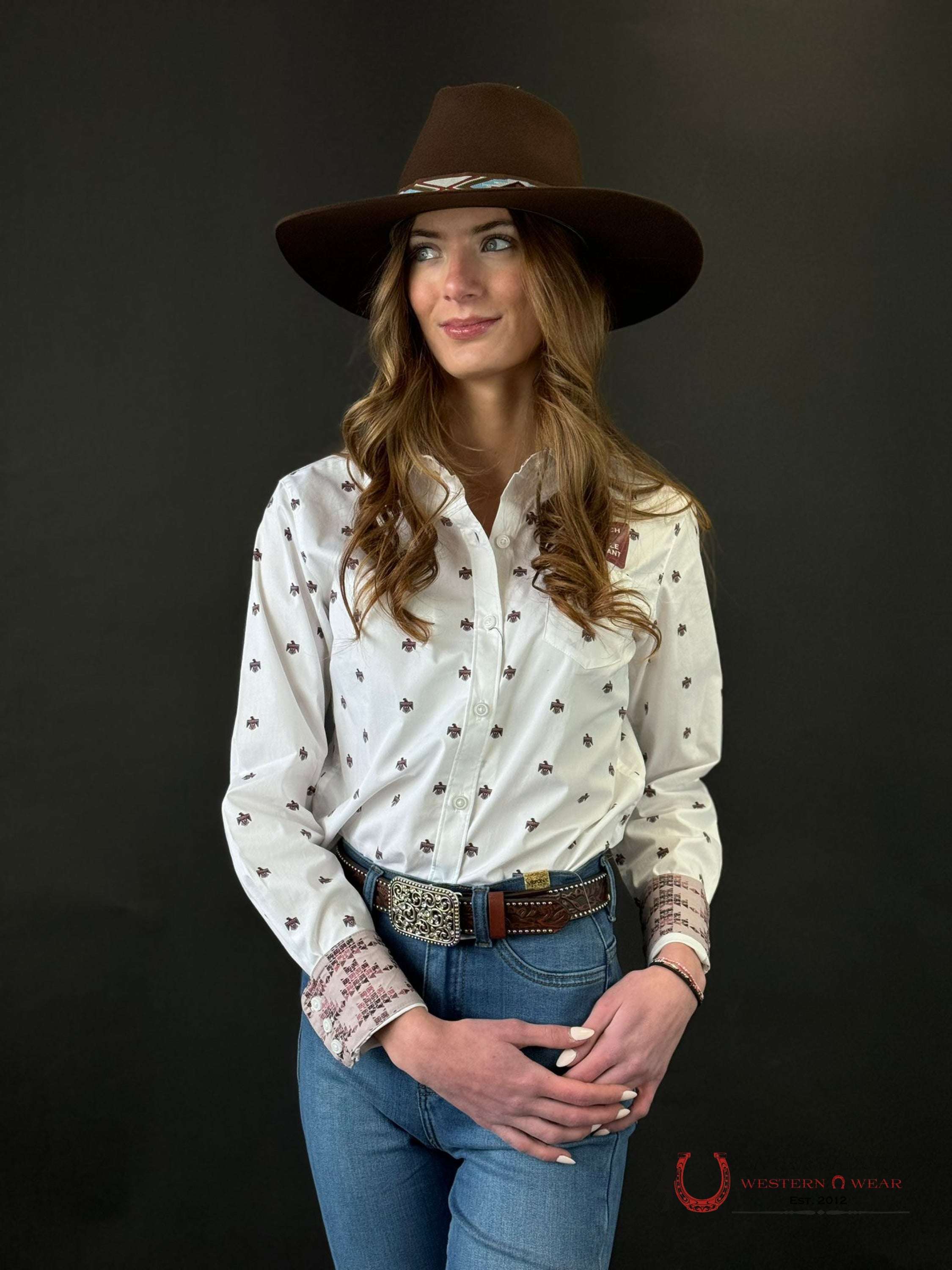 Women Ariat Kirby Long Sleeve White Thunderbird Print Ropa Mujeres