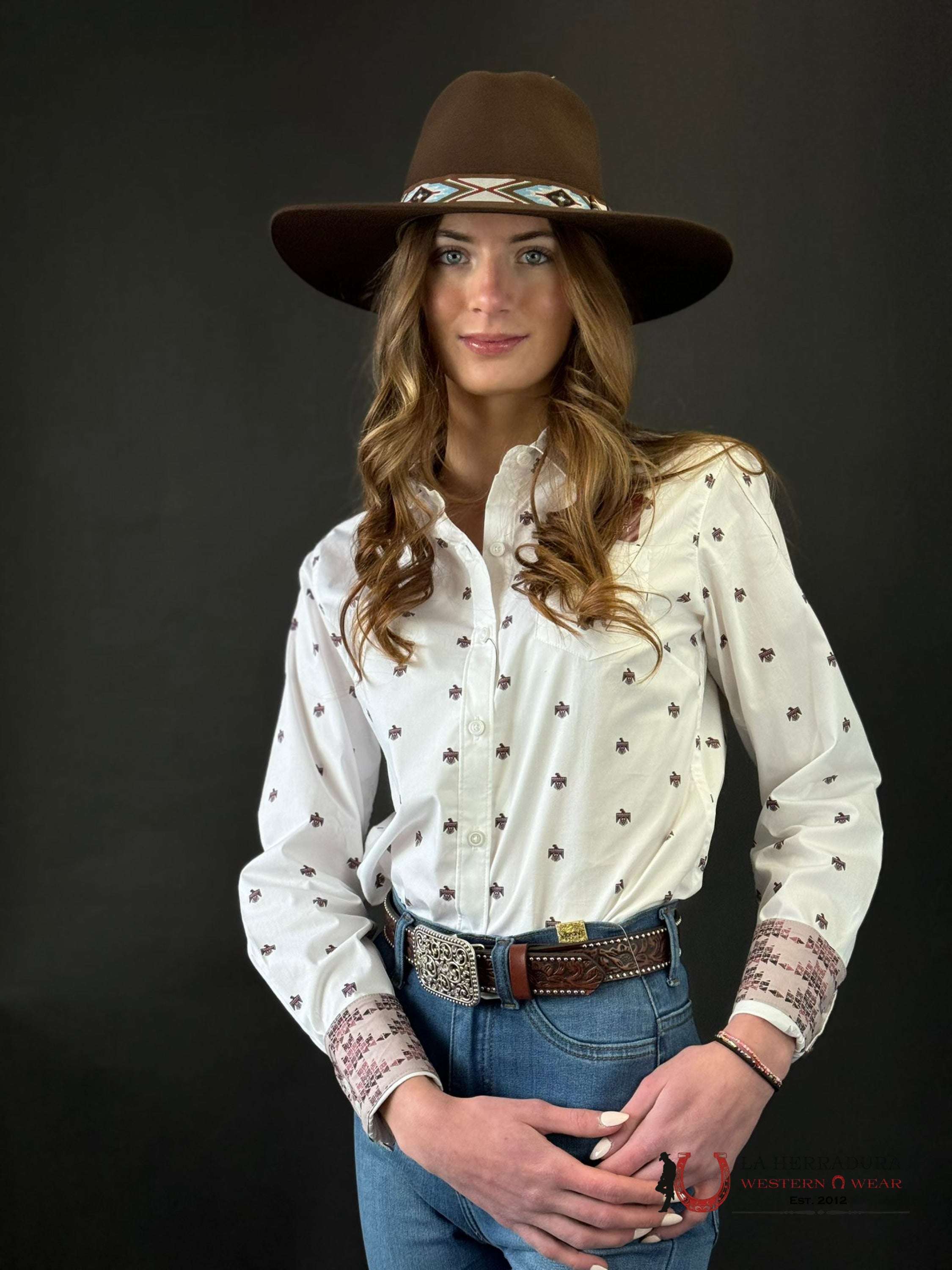 Women Ariat Kirby Long Sleeve White Thunderbird Print Ropa Mujeres