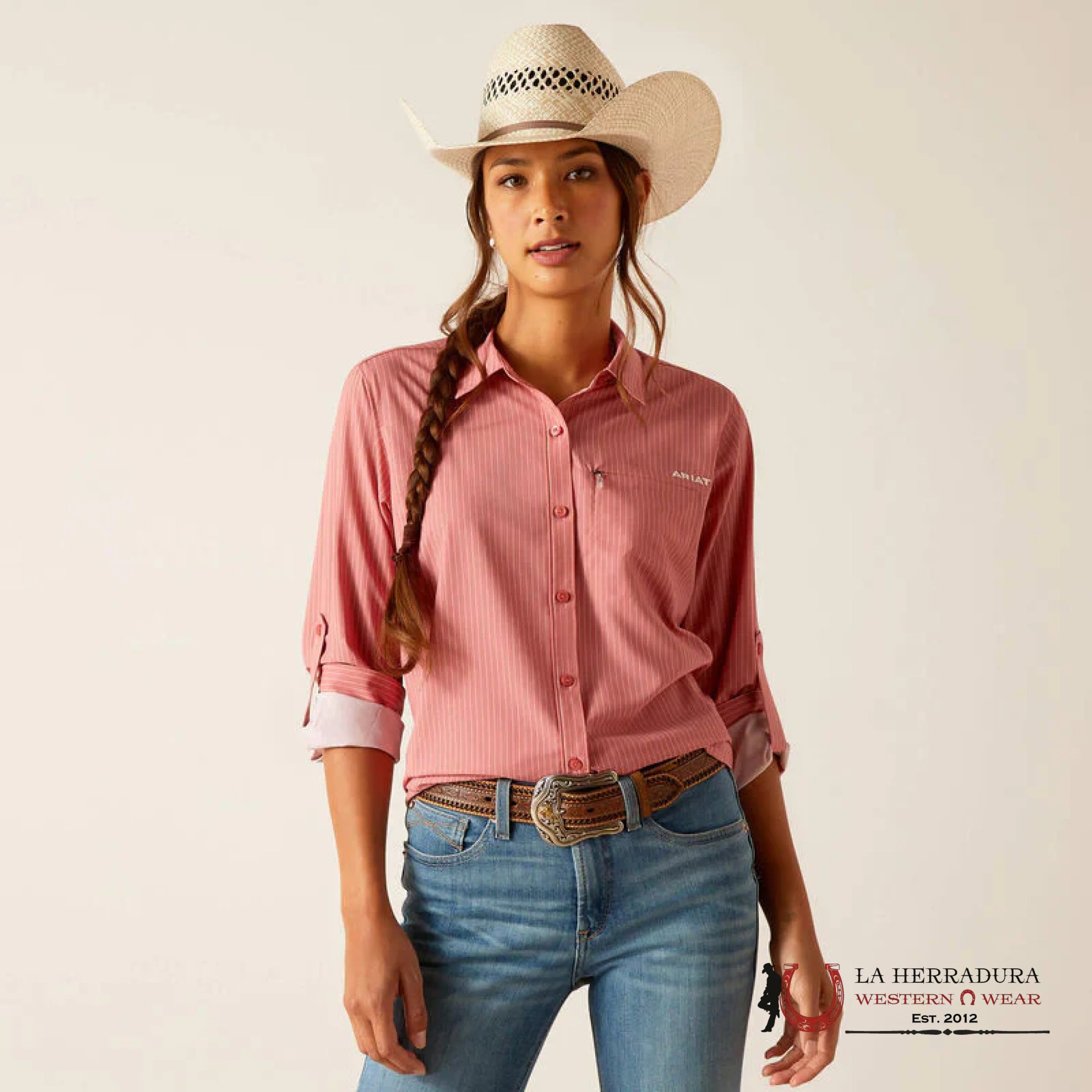 Women Ariat Venttek Faded Rose Pinestripe Long Sleeve Shirt Ropa Mujeres