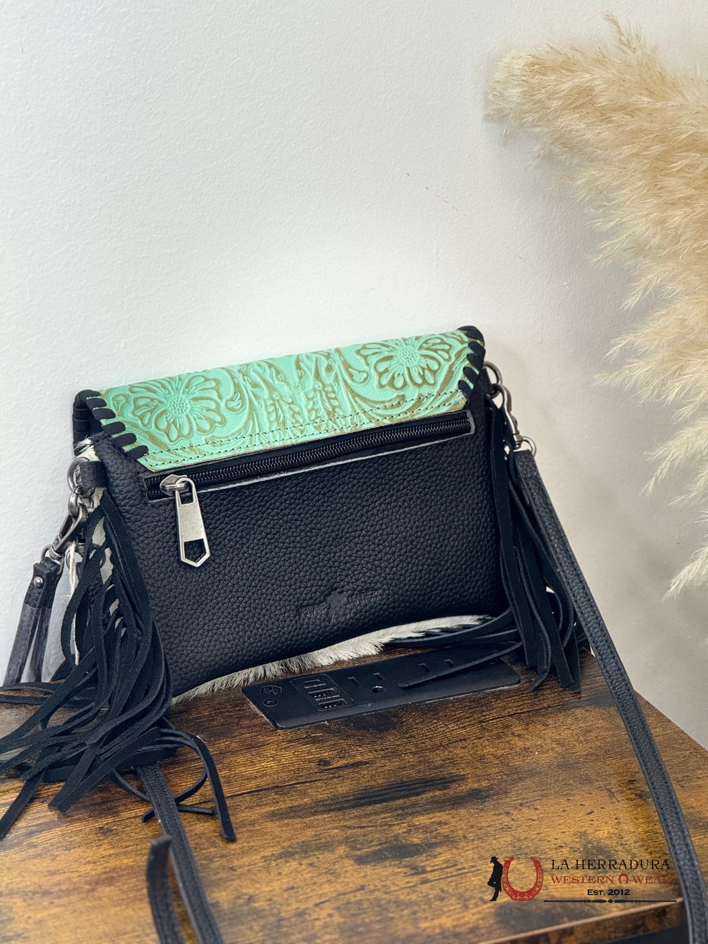 WOMEN CROSSBODY UNIQUE COWDISE HAND TOOLED TURQUOISE BLACK FRING