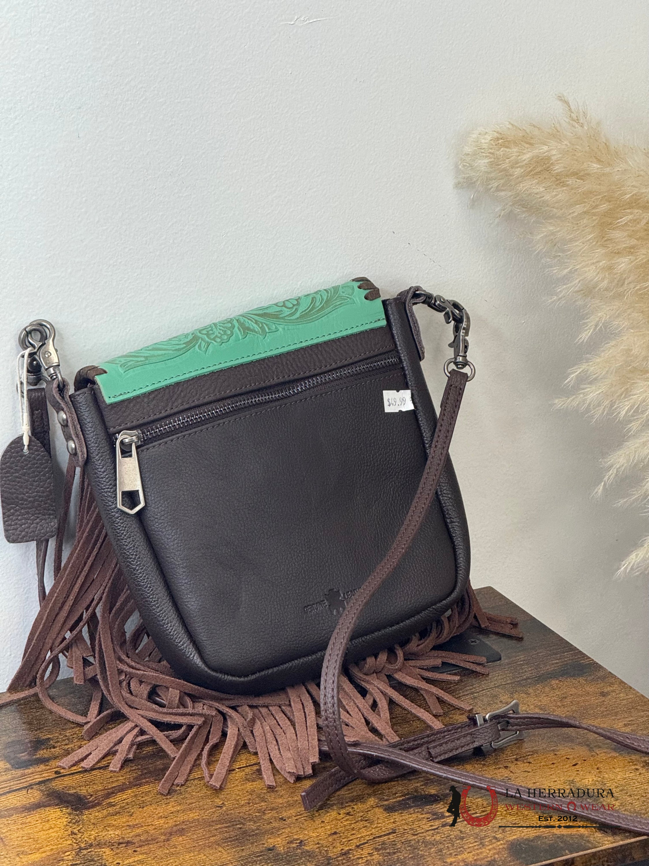 WOMEN CROSSBODY UNIQUE HAND TOOLED TURQUOISE BROWN FRING