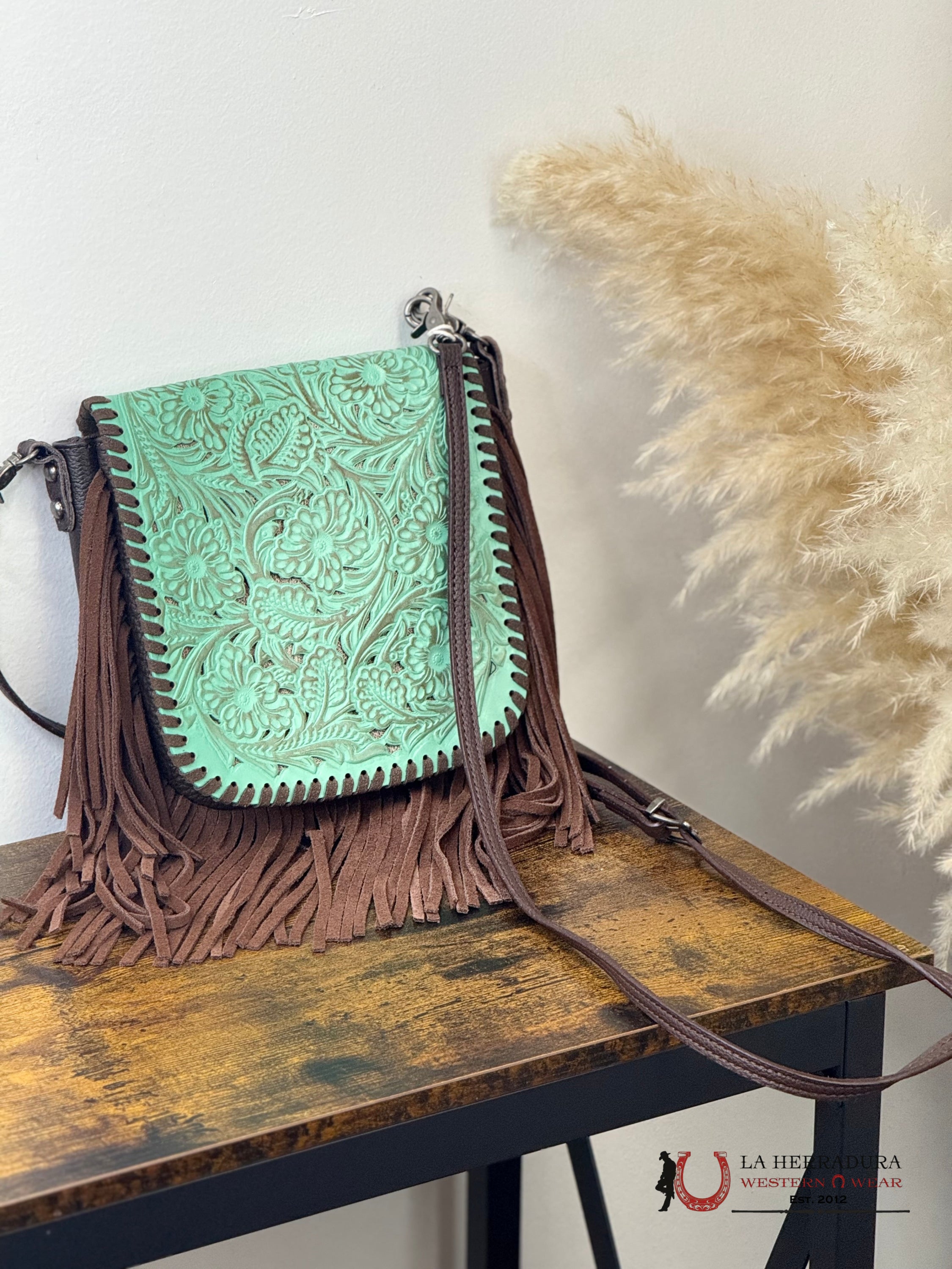 WOMEN CROSSBODY UNIQUE HAND TOOLED TURQUOISE BROWN FRING