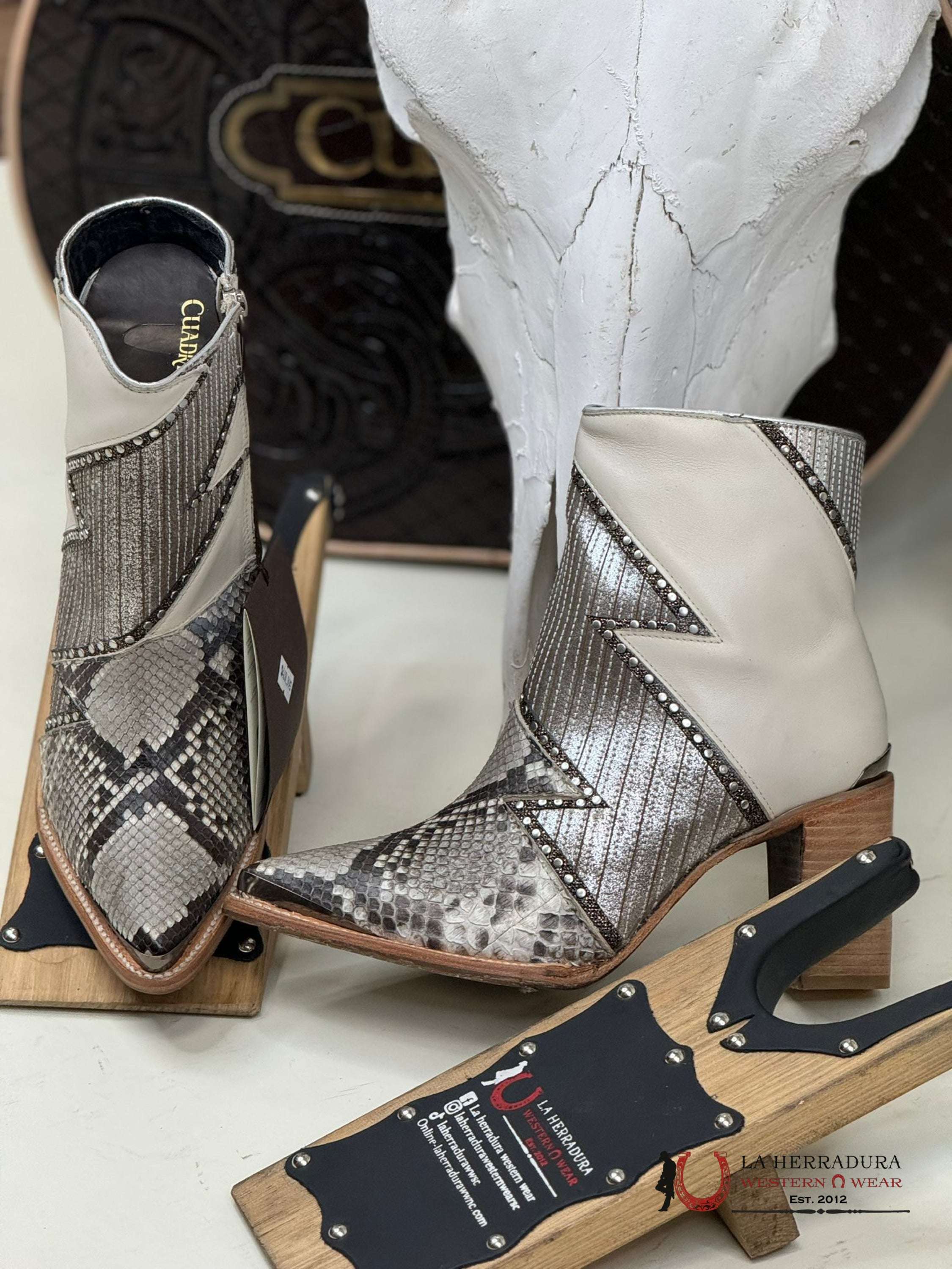 Women Cuadra Short Boot Python Belly Grecas Beige Zipper & Studs Pointed Toe Botas Mujeres