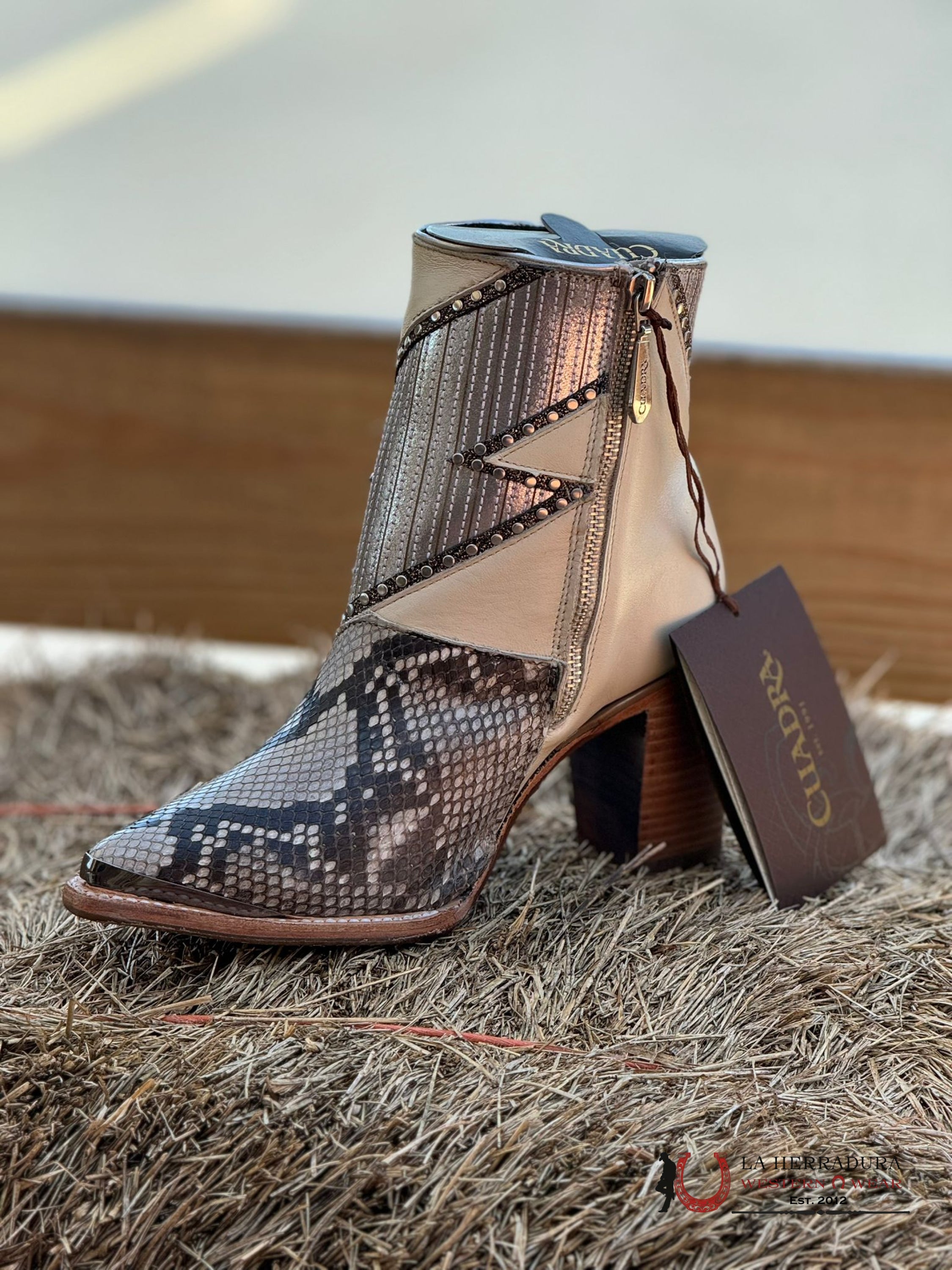 Women Cuadra Short Boot Python Belly Grecas Beige Zipper & Studs Pointed Toe Botas Mujeres