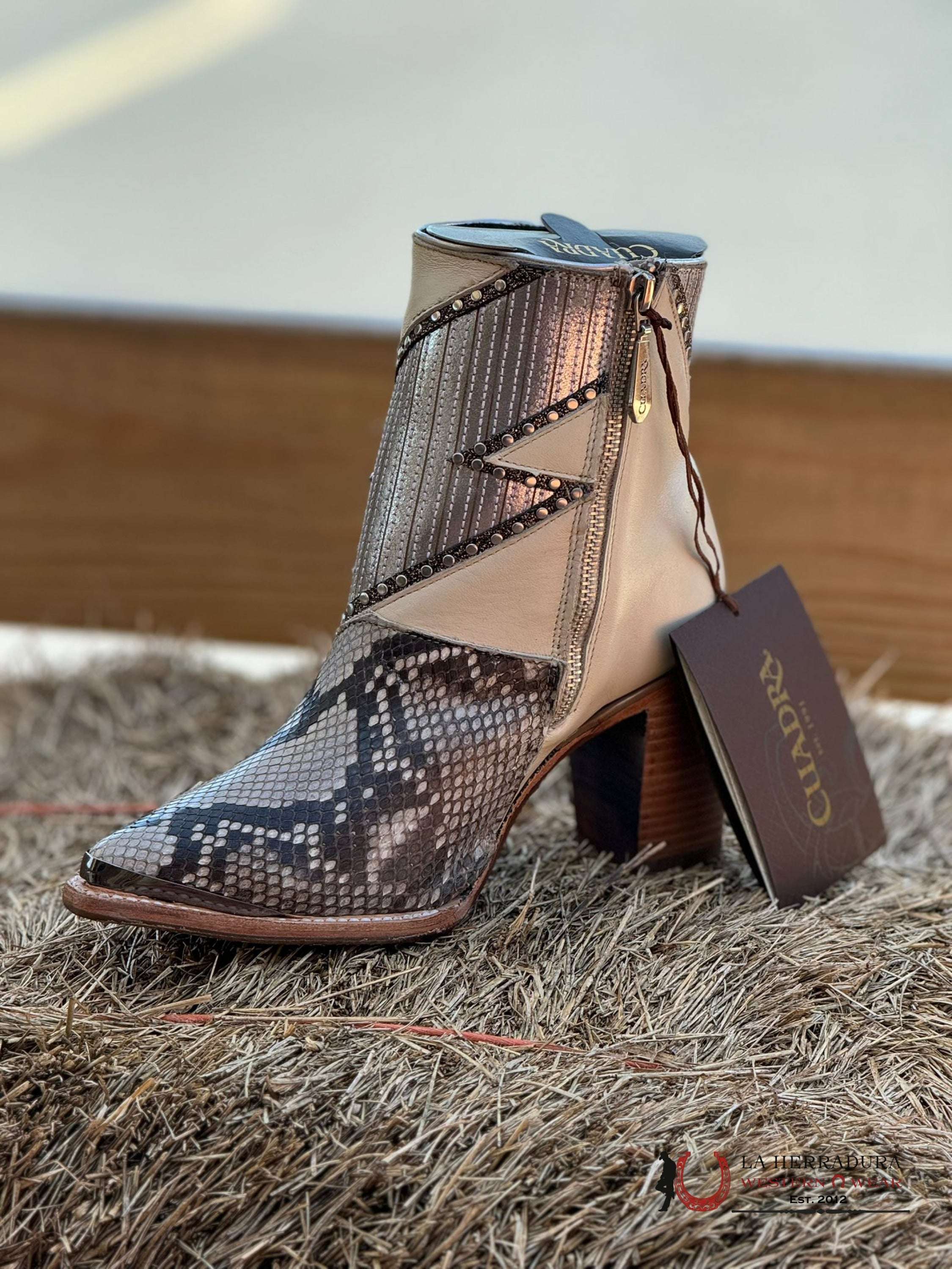 Women Cuadra Short Boot Python Belly Grecas Beige Zipper & Studs Pointed Toe Botas Mujeres