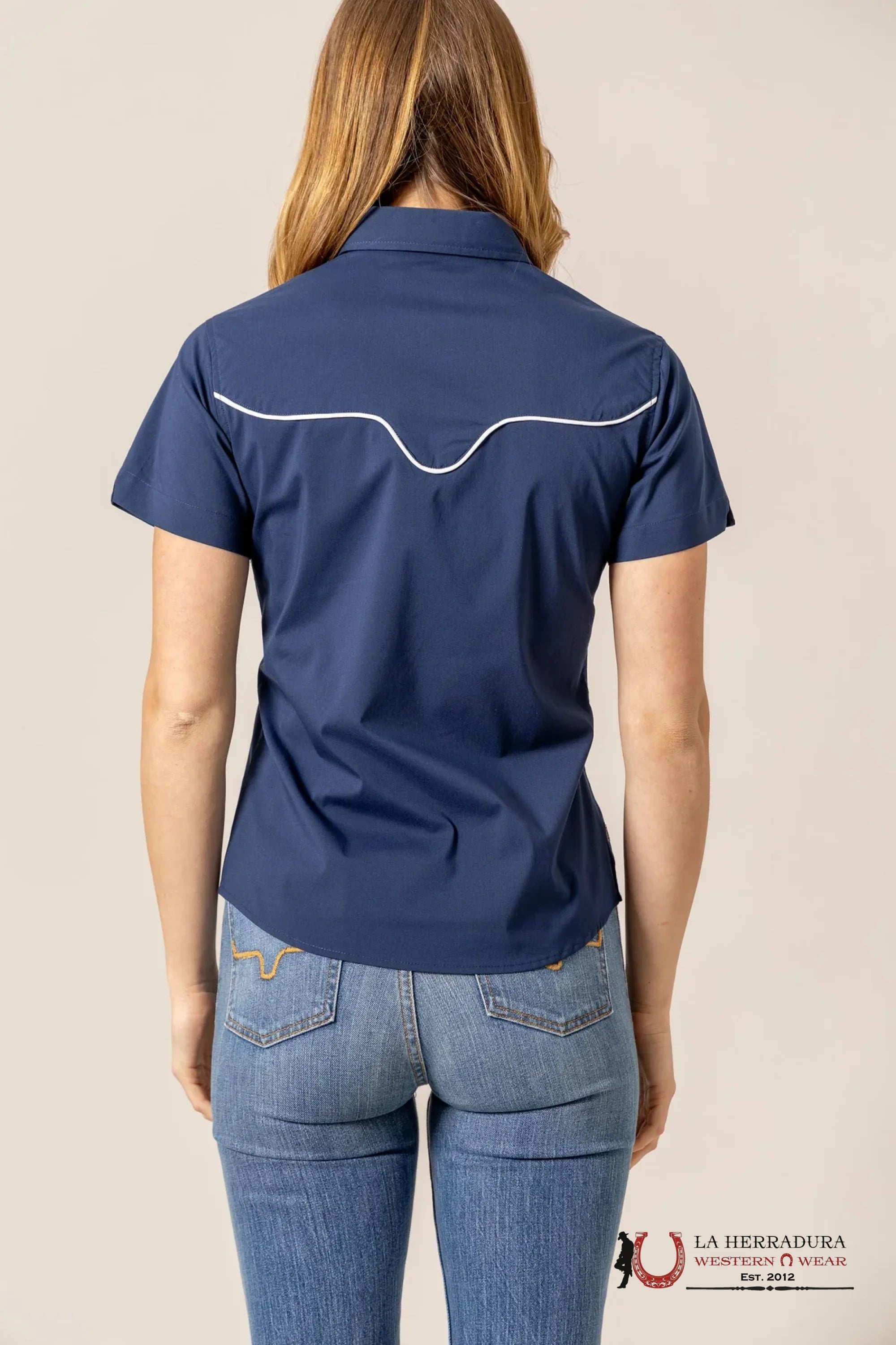 Women Kimes Ranch Short Sleeve Long Horn Navy Shirn ROPA MUJERES
