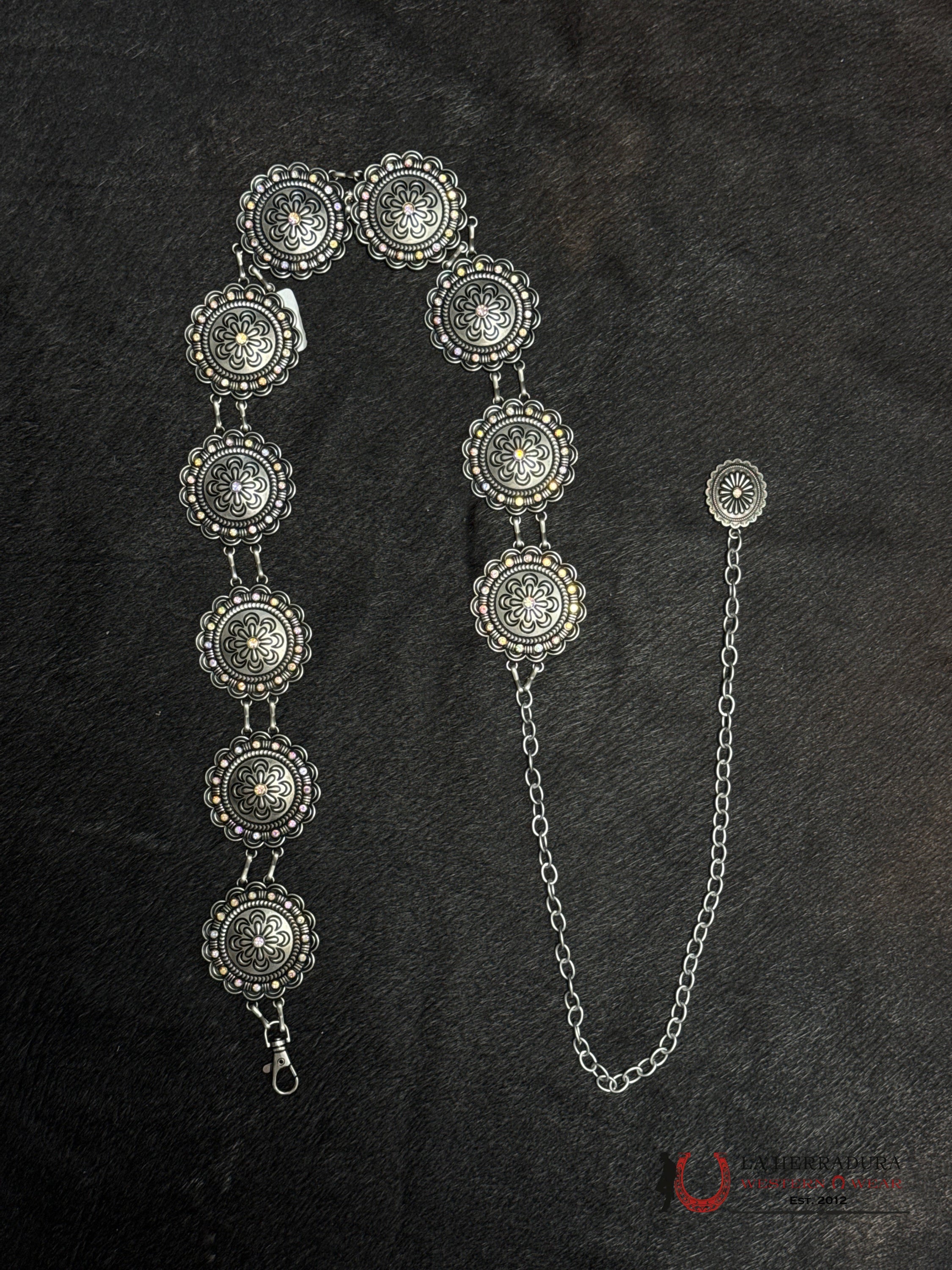 WOMEN SILVER FLOWER DESIGN WITH HOLOGRAPHIC CRYSTALS CHAIN BELT OSFM CINTURONES MUJERES