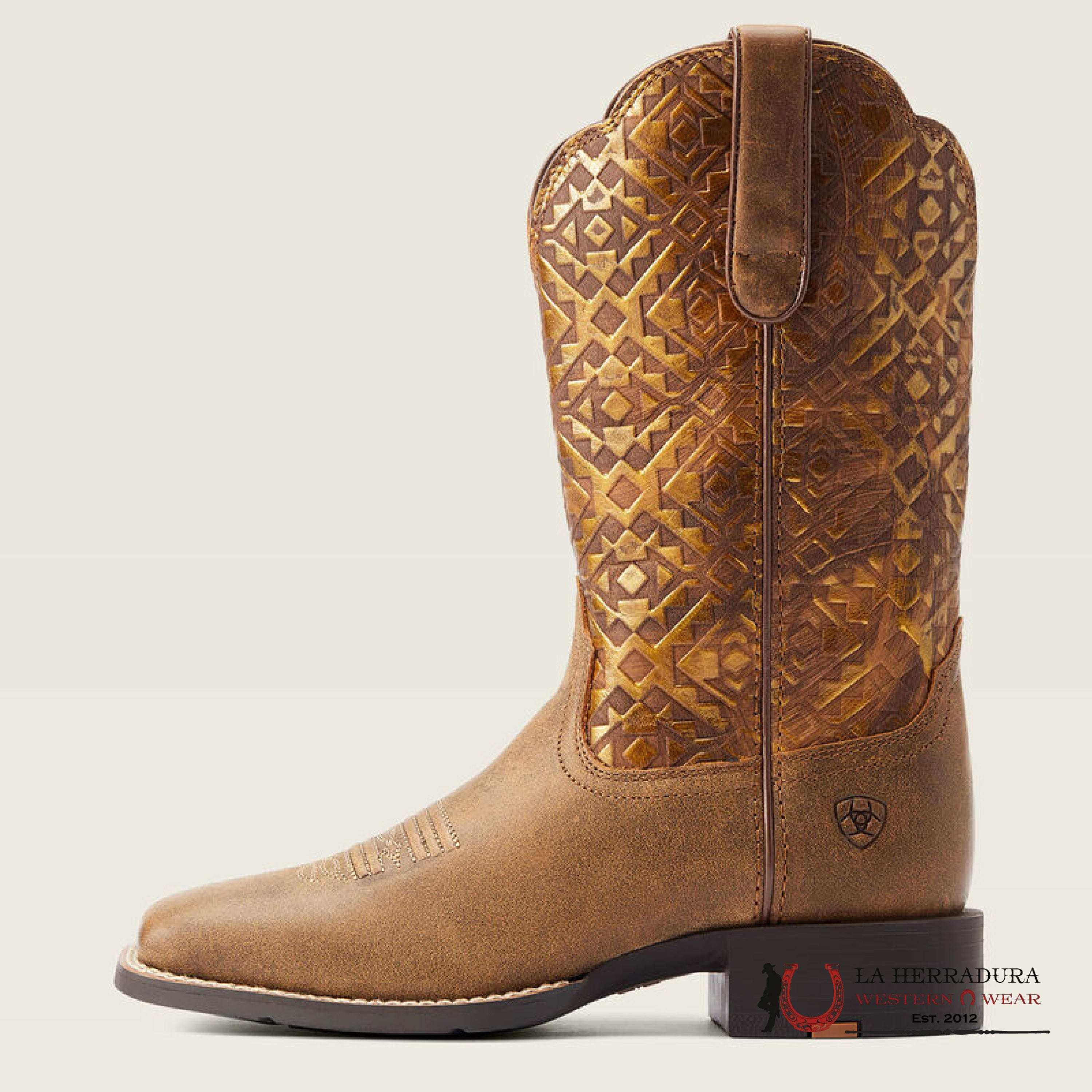 WOMENS ARIAT ROUND UP WIDE SQUARE TOE BARE BROWN/COPPER BLANKET EMBOSS 10044431 BOTAS MUJERES