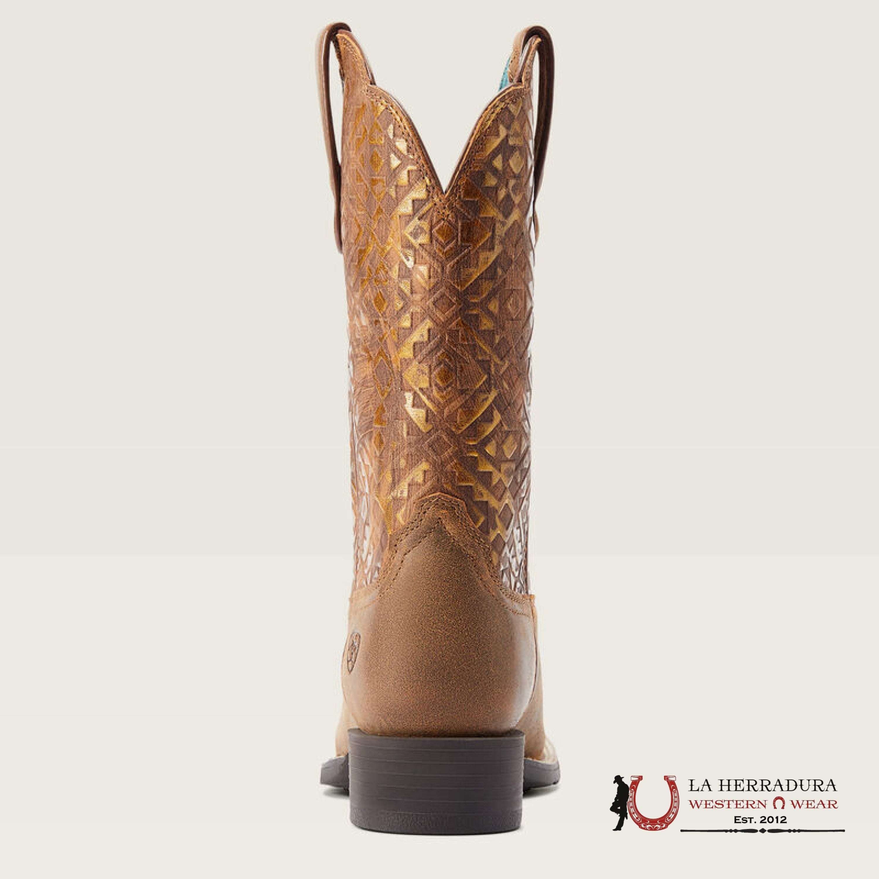 WOMENS ARIAT ROUND UP WIDE SQUARE TOE BARE BROWN/COPPER BLANKET EMBOSS 10044431 BOTAS MUJERES