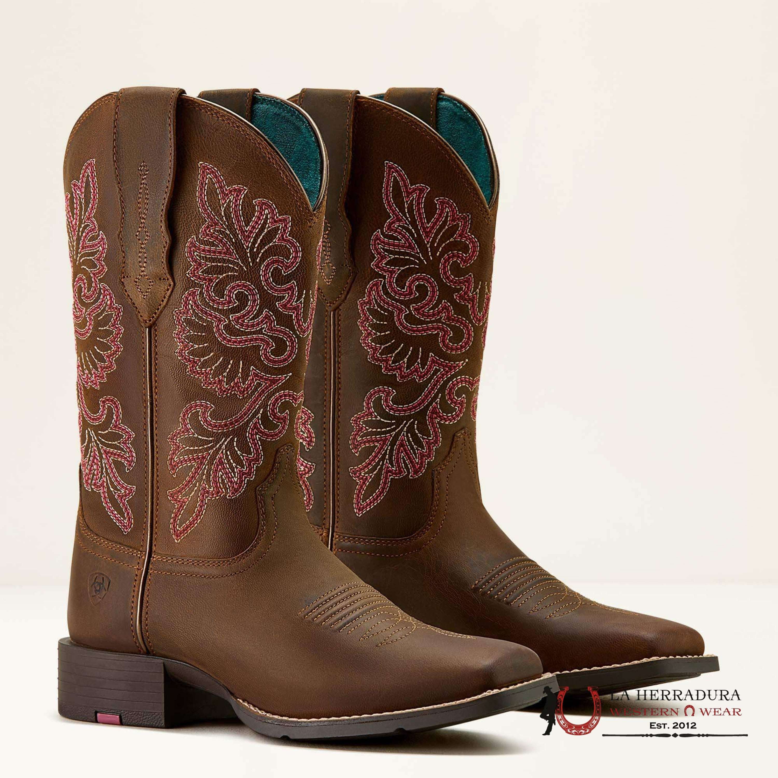WOMENS ARIAT ROUND UP WIDE SQUARE TOE STRETCHFIT SASSY BROWN 10064078 BOTAS MUJERES