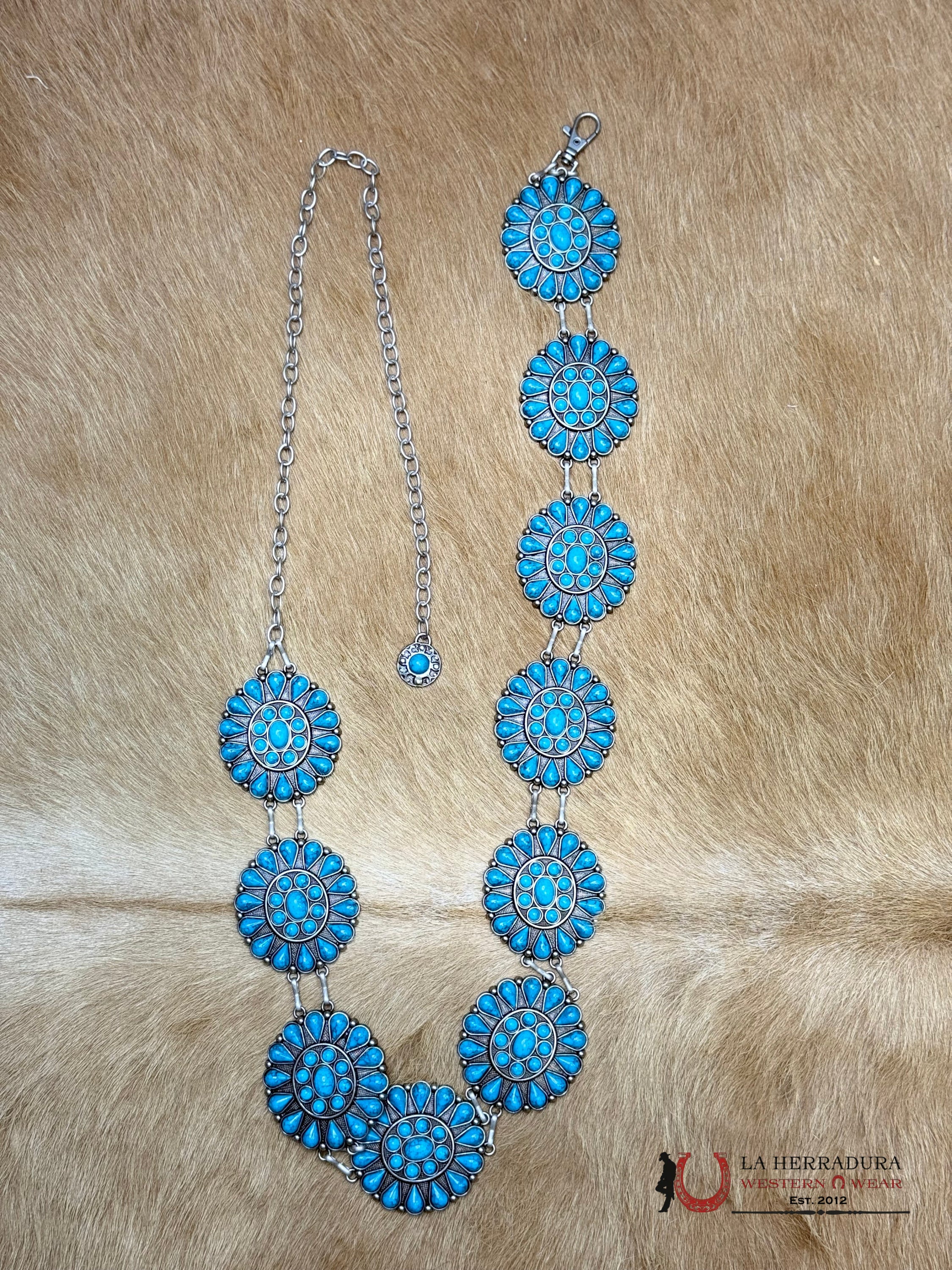 WOMENS BLUE STONE CHAIN BELT MEDIUM FLOWER OSFM CINTURONES MUJERES