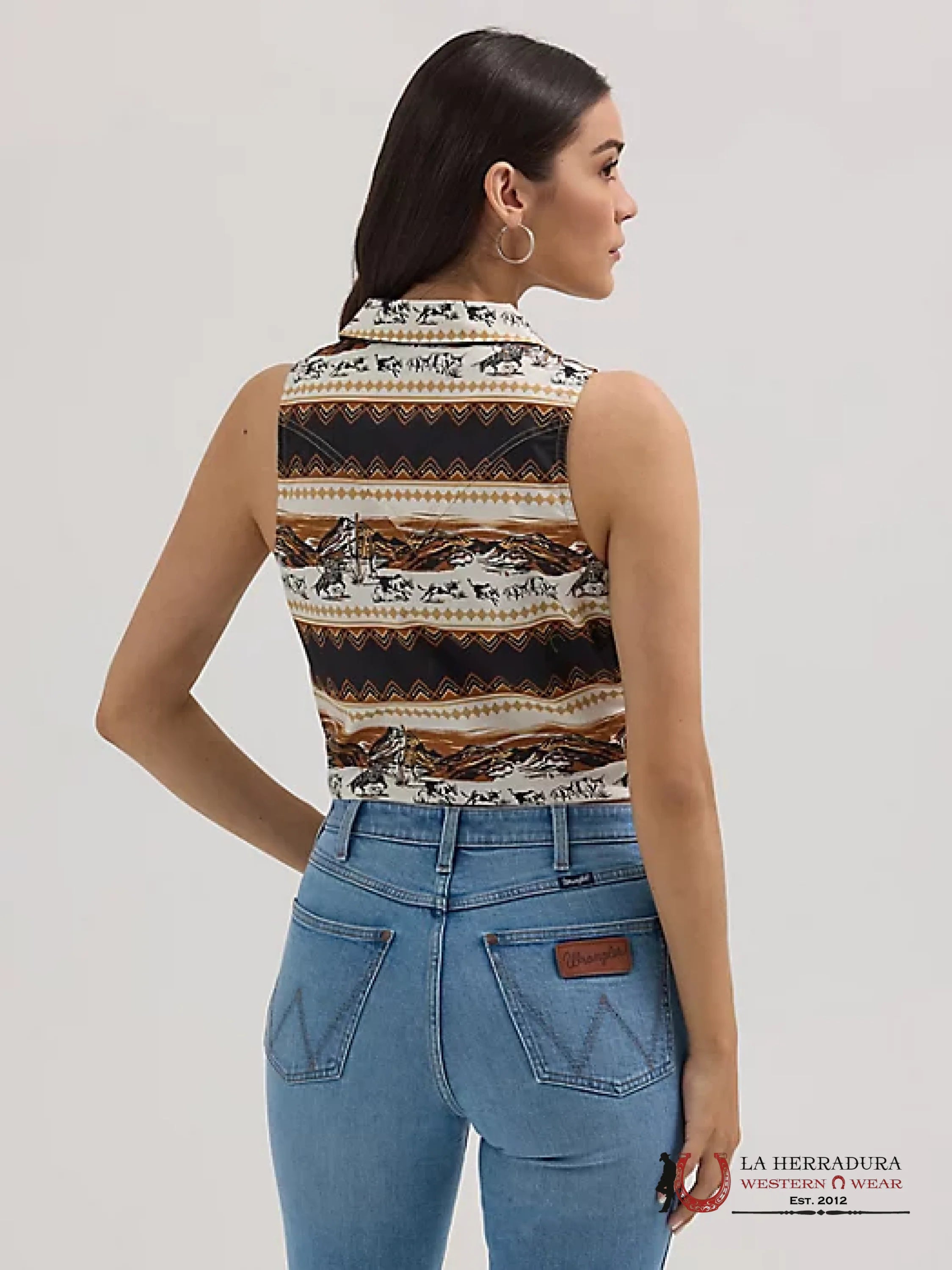 WOMEN’S BOLD PRINTED SLEEVELESS TIE FRONT SHIRT HORSE STRIPE - 4364 ROPA MUJERES